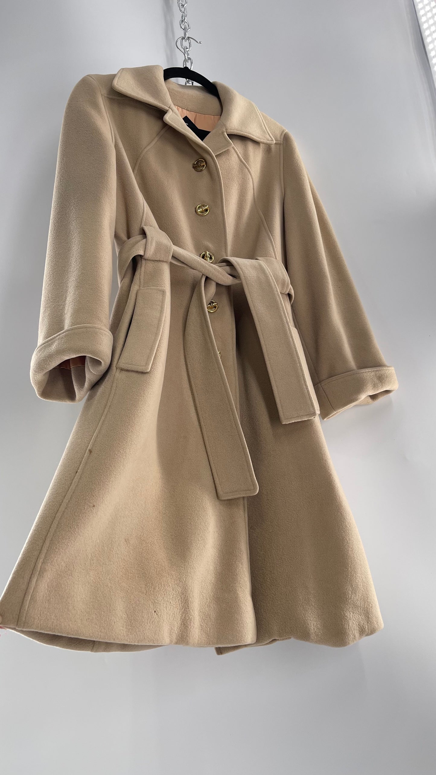 Vintage 100% Amicale Cashmere Beige Cream Coat with Apricot Satin Lining (C) (S/M)