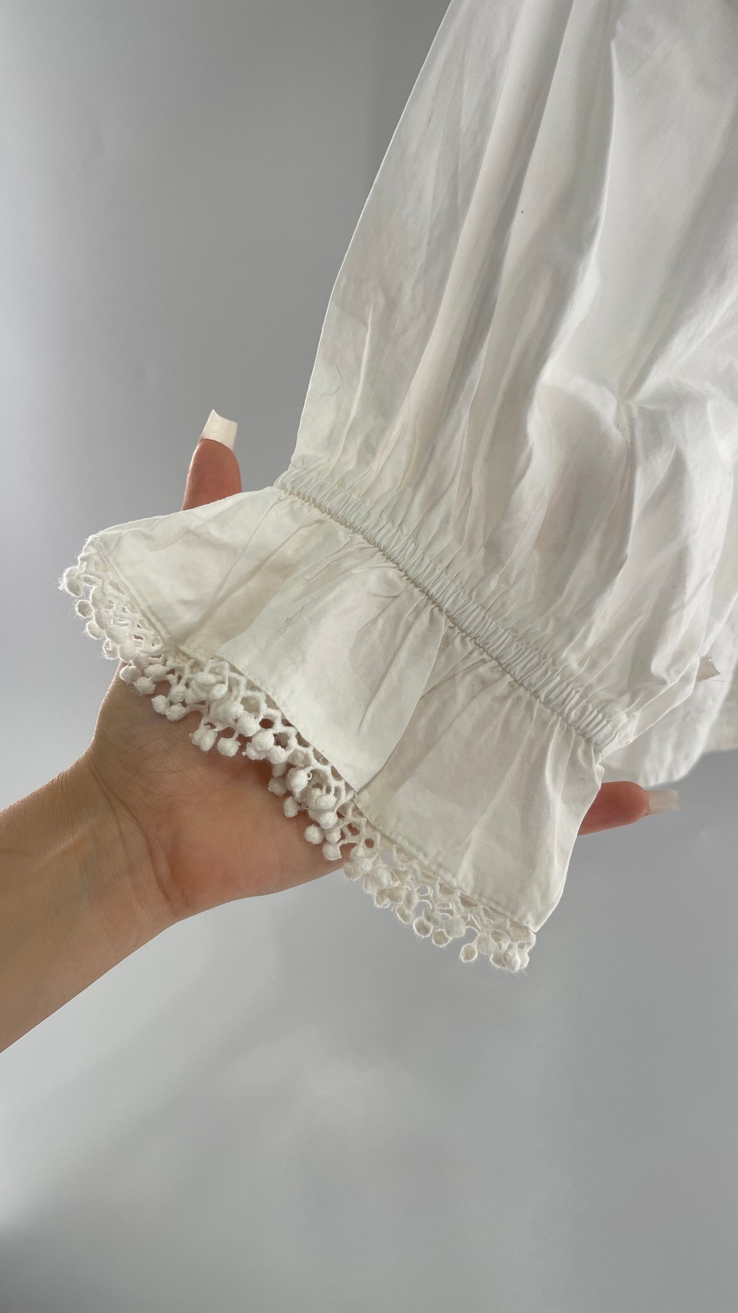 Free People White Puff Sleeve Prairie Blouse with Lace Details (Small)