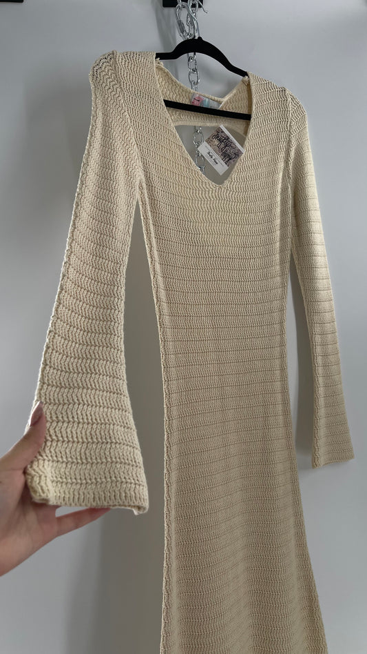 Free People Cozy Cream Knit Open Back Maxi Dress with Slight Bell Sleeve (Large)