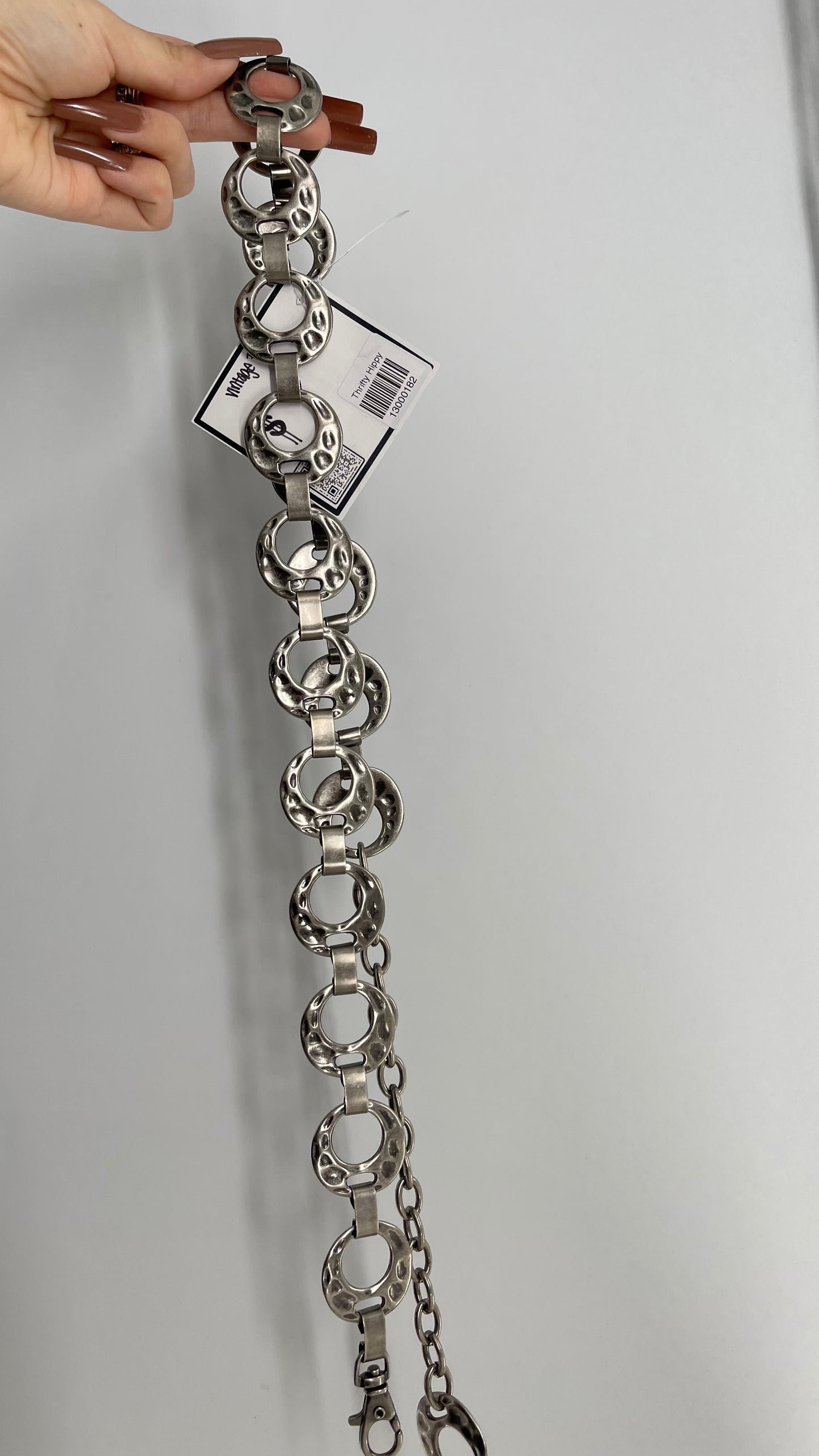 Vintage Dark Silver Hammered Metal Hoop Chainlink Belt (Medium)