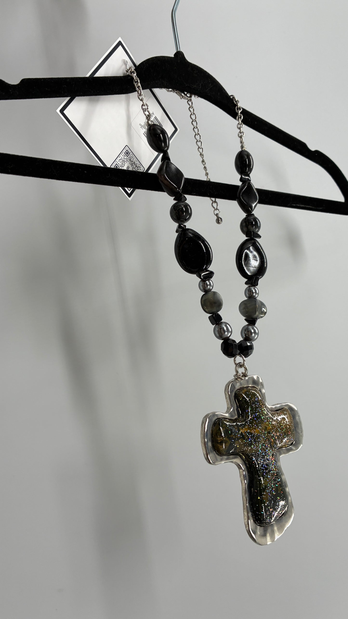Vintage 1990s Beaded Black Necklace with Iridescent Glitter Cross