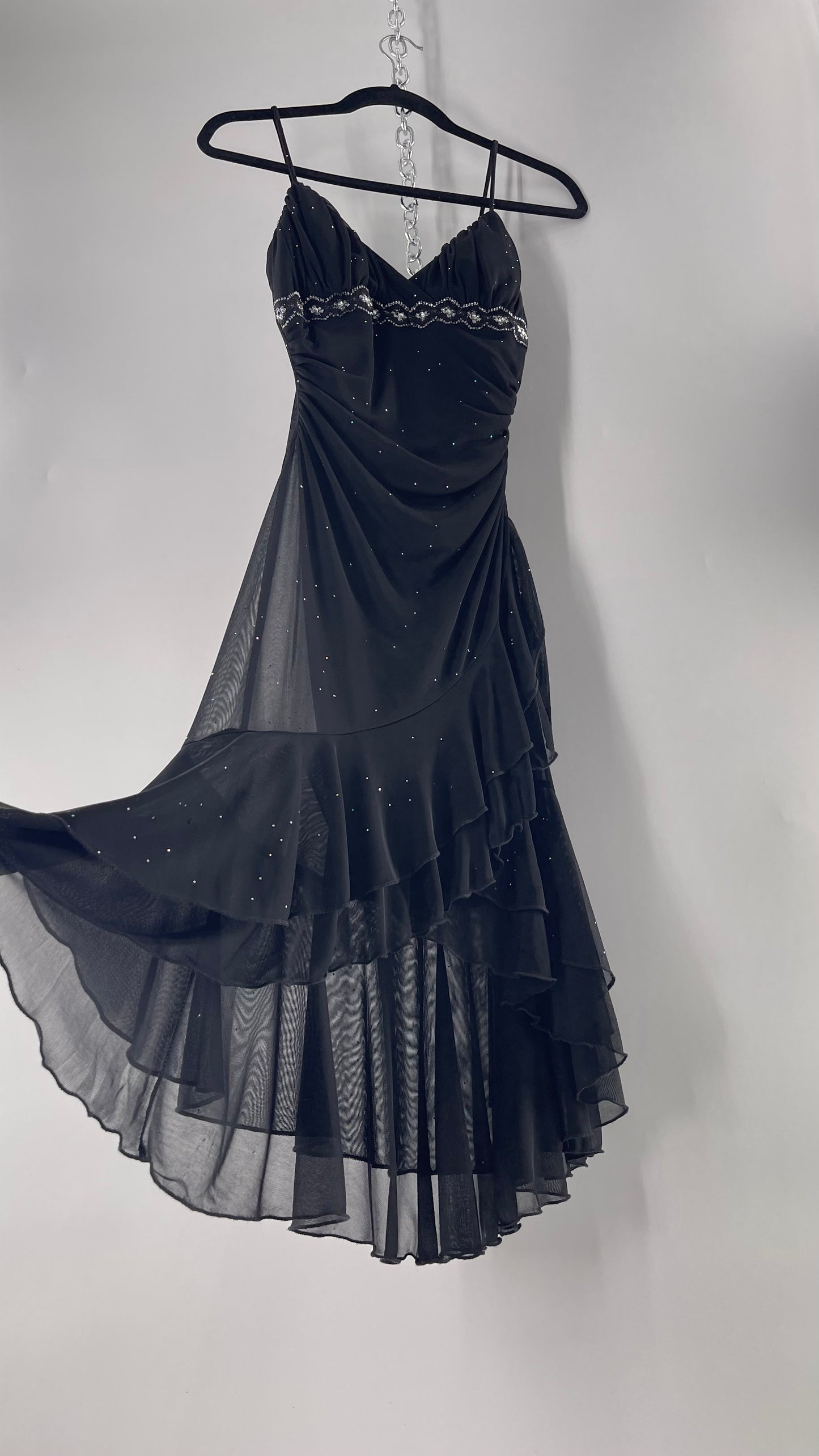 Vintage Taboo Midi Dress with Iridescent Sequins with Lace Underbust Detail, High Low Silhouette and Frills (Medium)