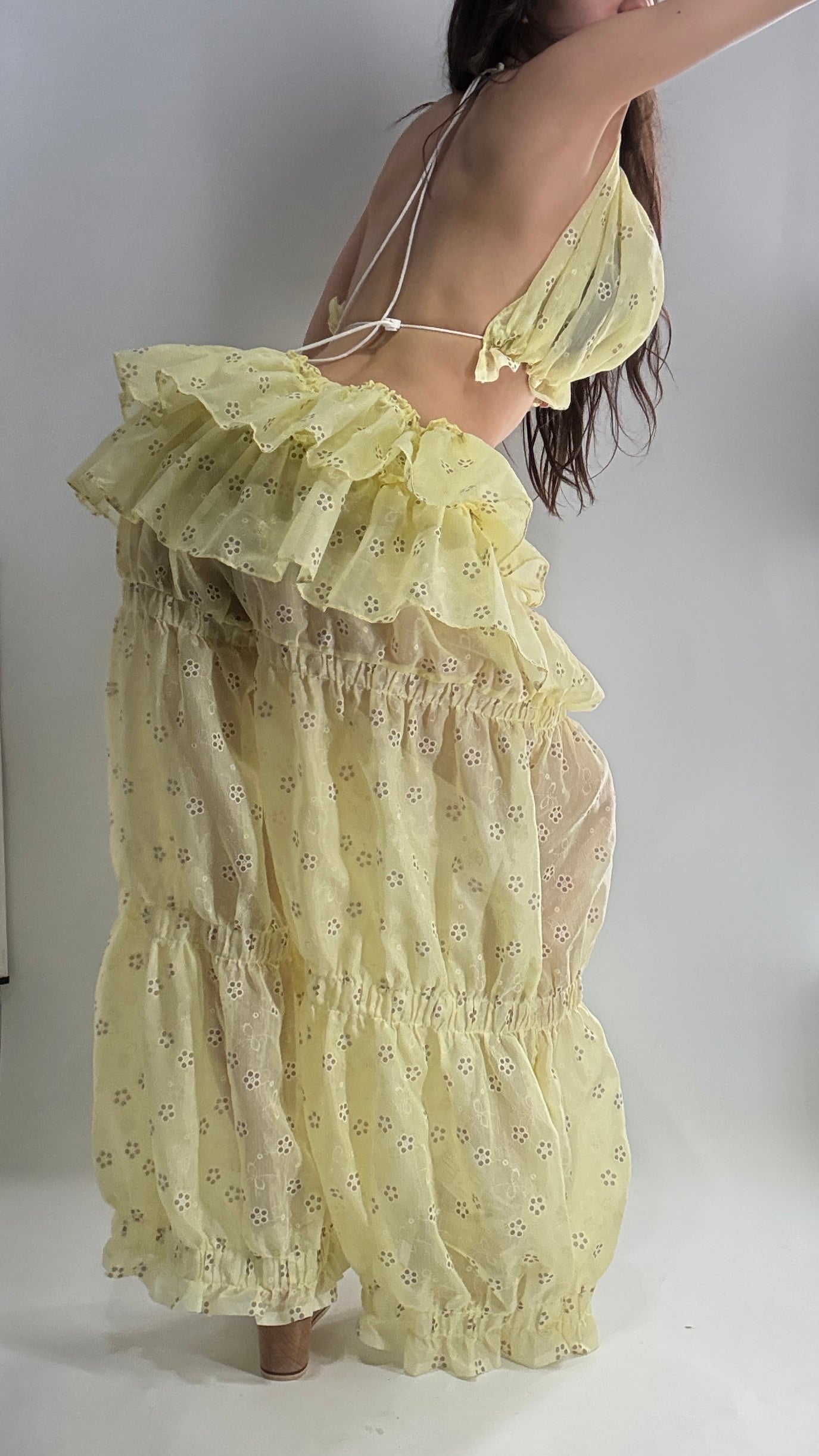 Vintage Handmade 2pc Baby Yellow Set with Tiered Pants, Ruffled Bum, and Floral Eyelet Pattern (XS-M)