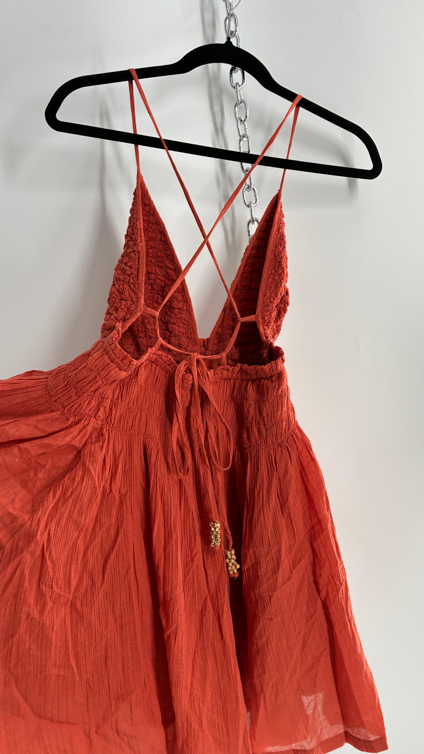 Free People Burnt Orange Smocked Bust Voluminous Mini Dress (Small)