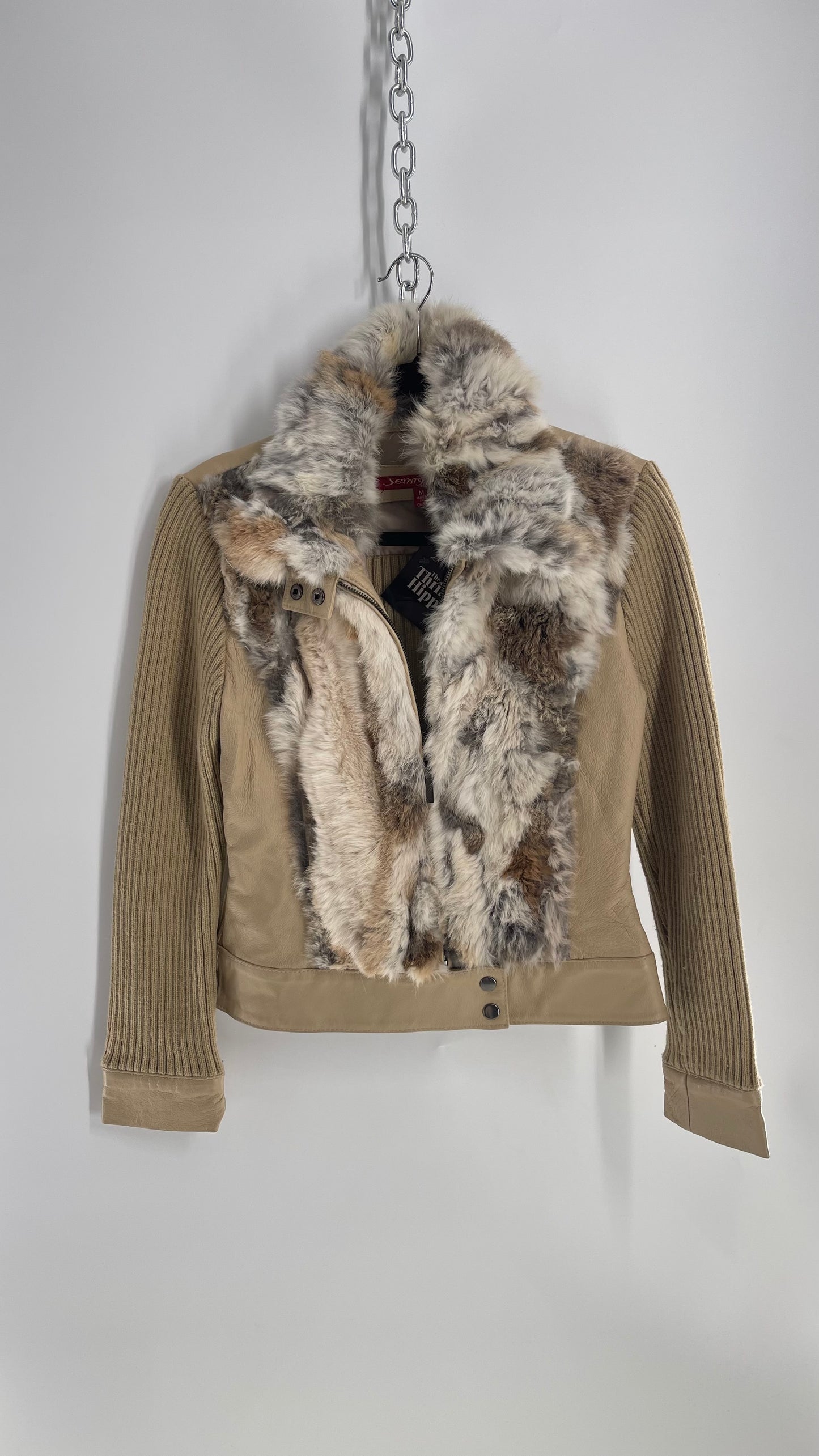 Jennyfer J 1990s Beige Rabbit Fur Sweater Jacket with Ribbed Knit Sleeves (Medium)
