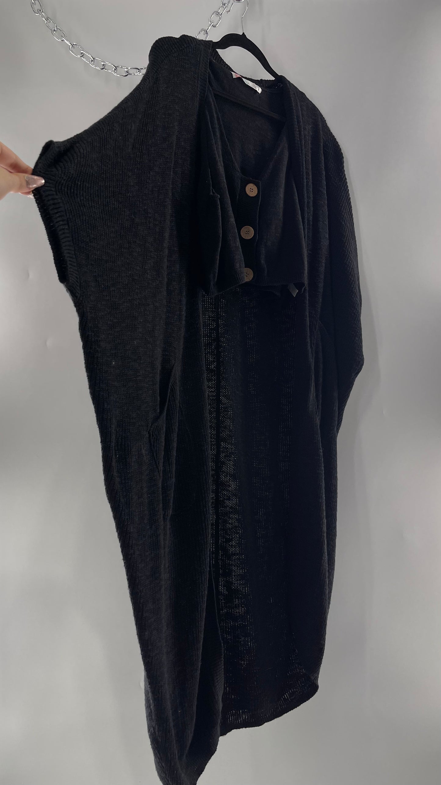 Free People Kai 3 piece Black Knit Cardigan, Tank, Shorts Set with Extra Button Never Worn (Medium)