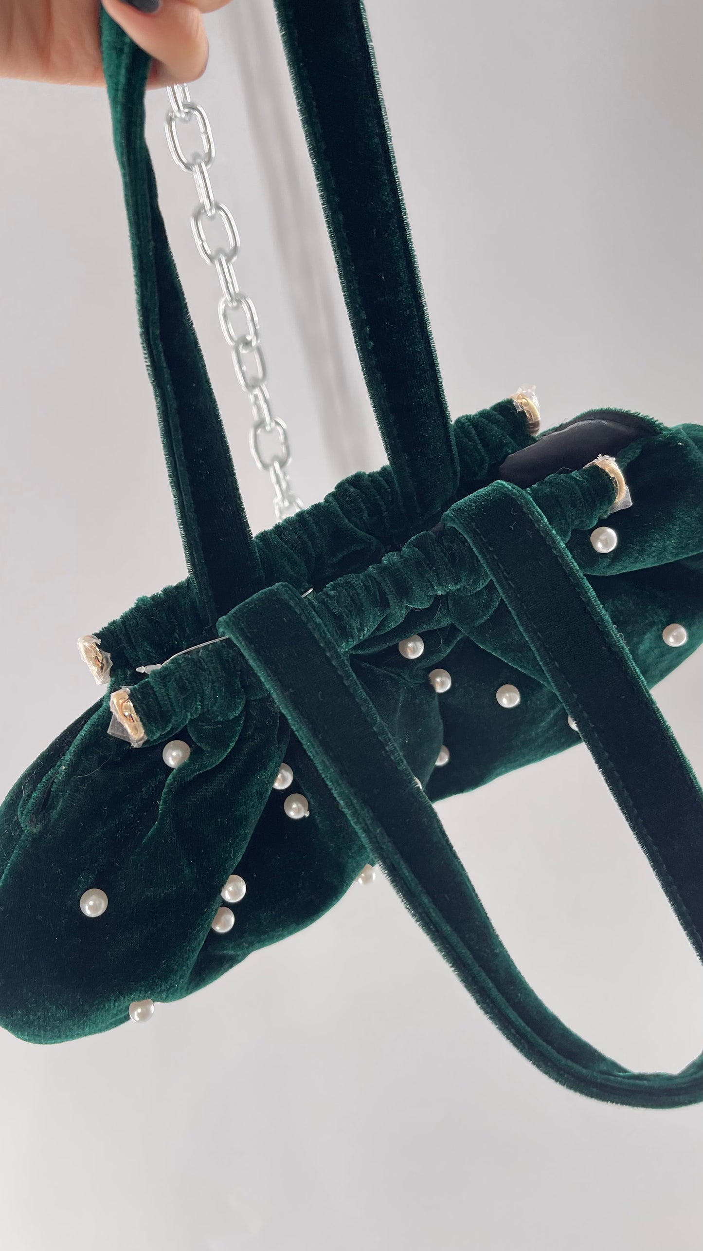 Vintage Deep Green Velvet Purse Covered in Pearls, and Featuring Gold Metal Closure Still Lined in Protective Plastic