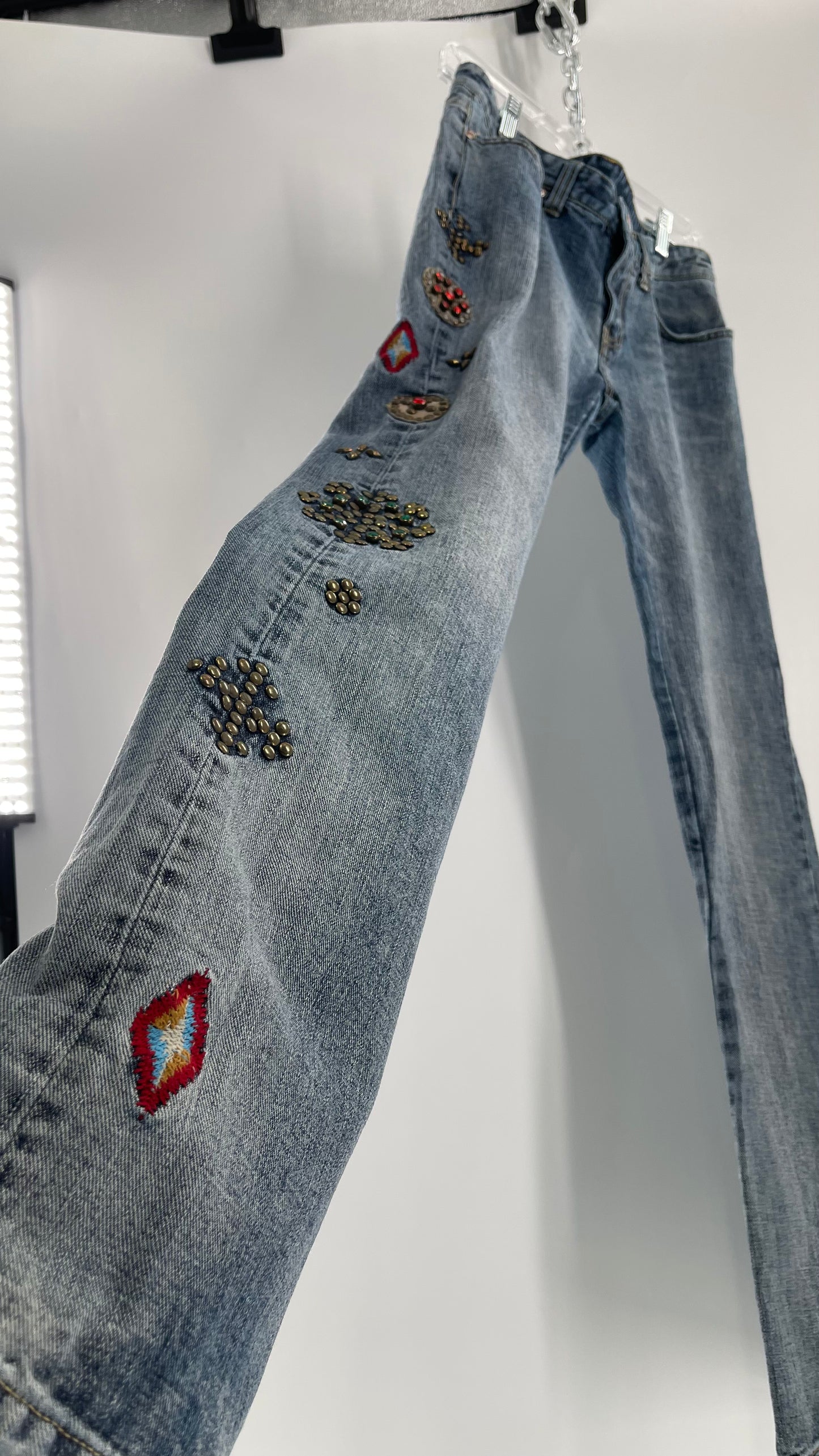 Western Denim Bank Light Wash Straight Legs with Gold/Bronze Metal Studs and Jewels (29)