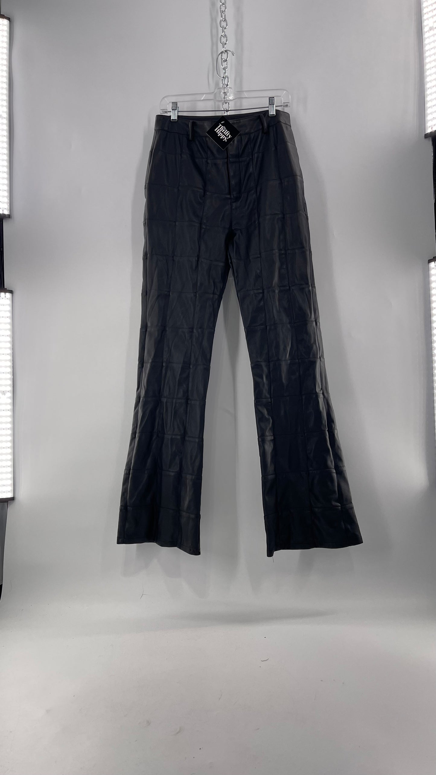 MOTEL Black Faux Leather Checkered Kick Flares (XL)