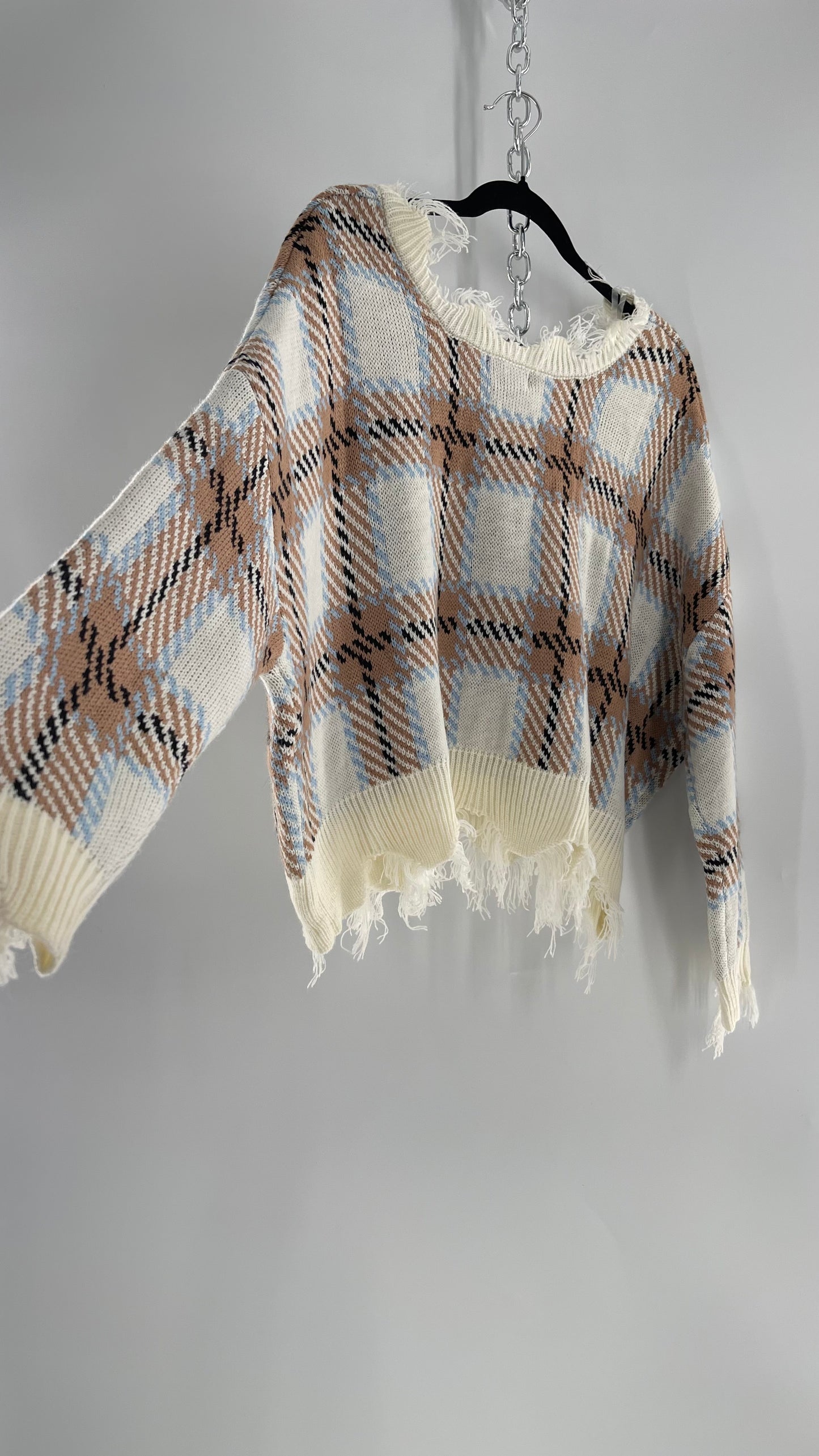 Fashion Nova Plaid Powder Blue/Tan Distressed Sweater