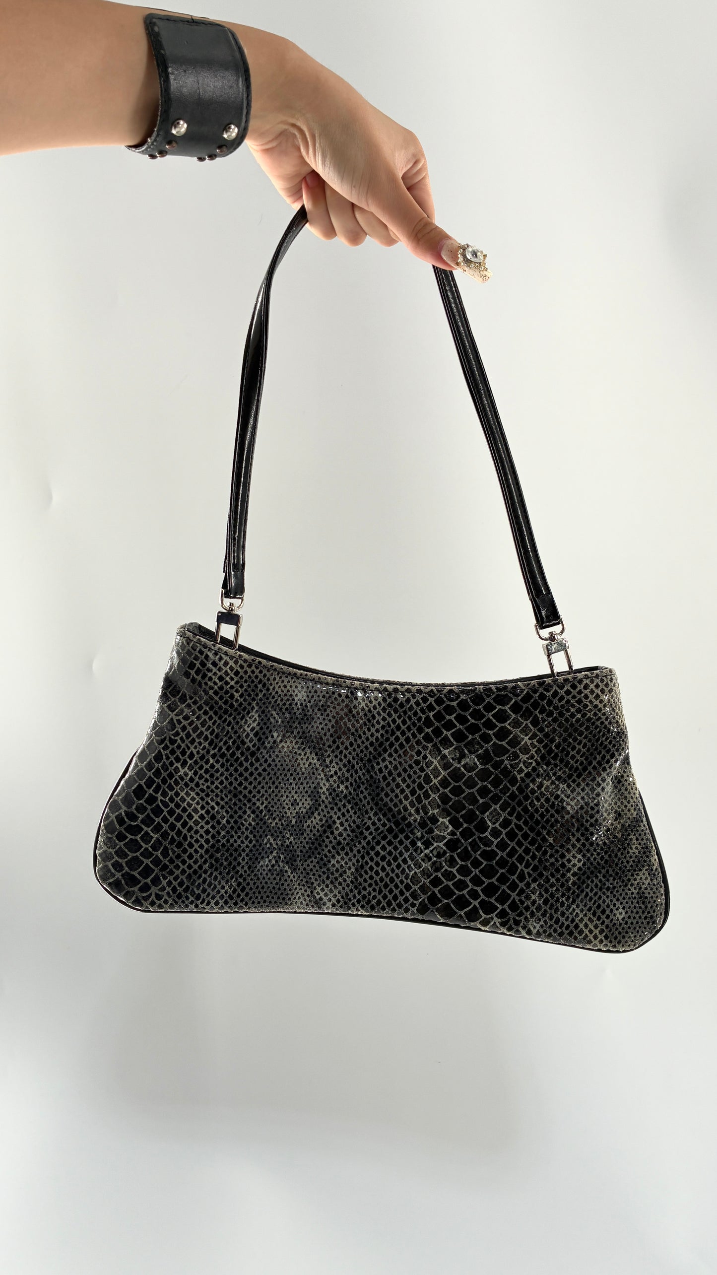 Vintage 1990s BAIKAL Grey Black Snakeskin Shoulder Purse