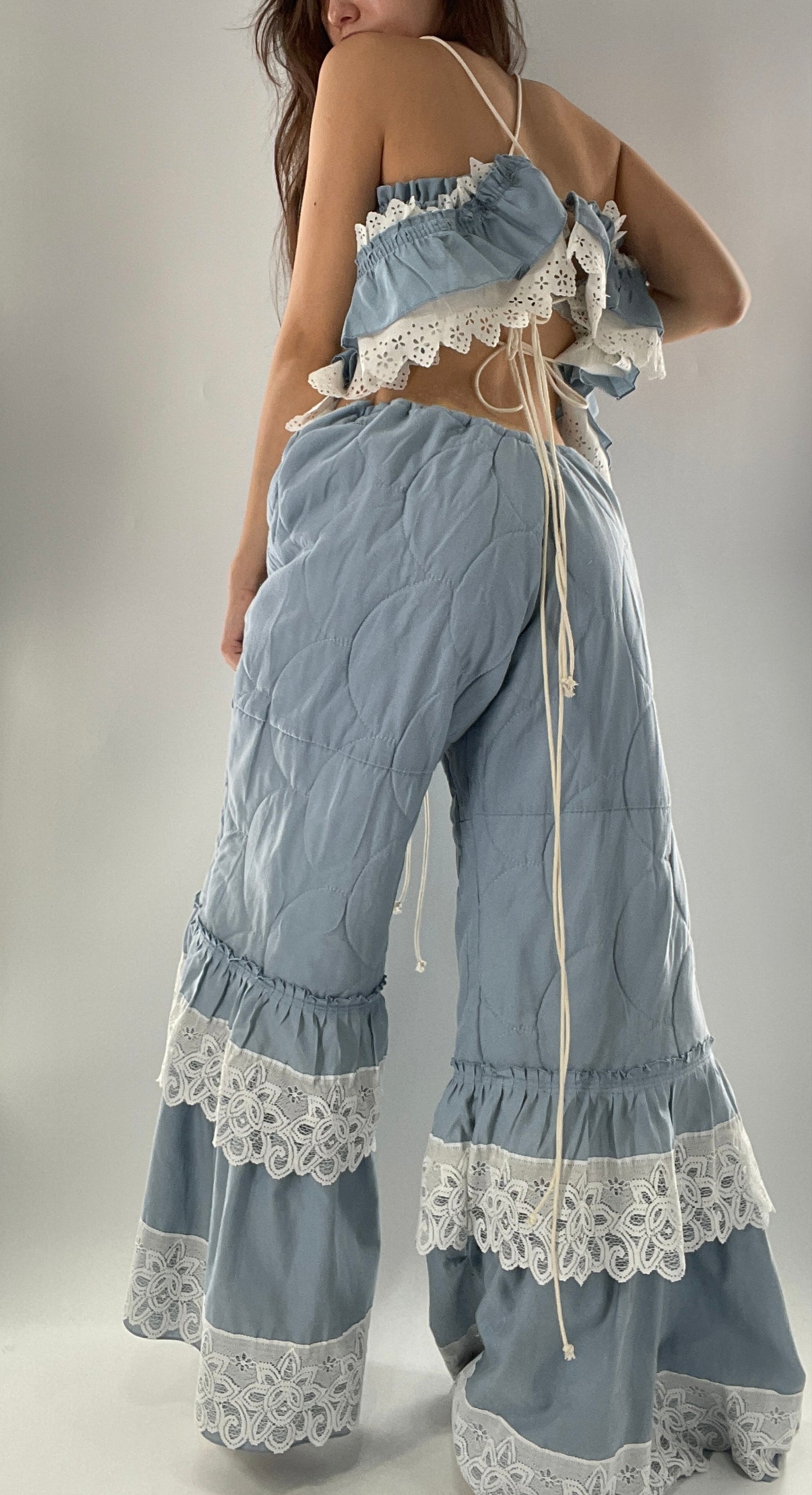 Vintage 2 Piece Powder Blue Set Featuring 2Way Blouse and Quilted Trousers Covered in Ruffles, Lace and Trim (One Size)