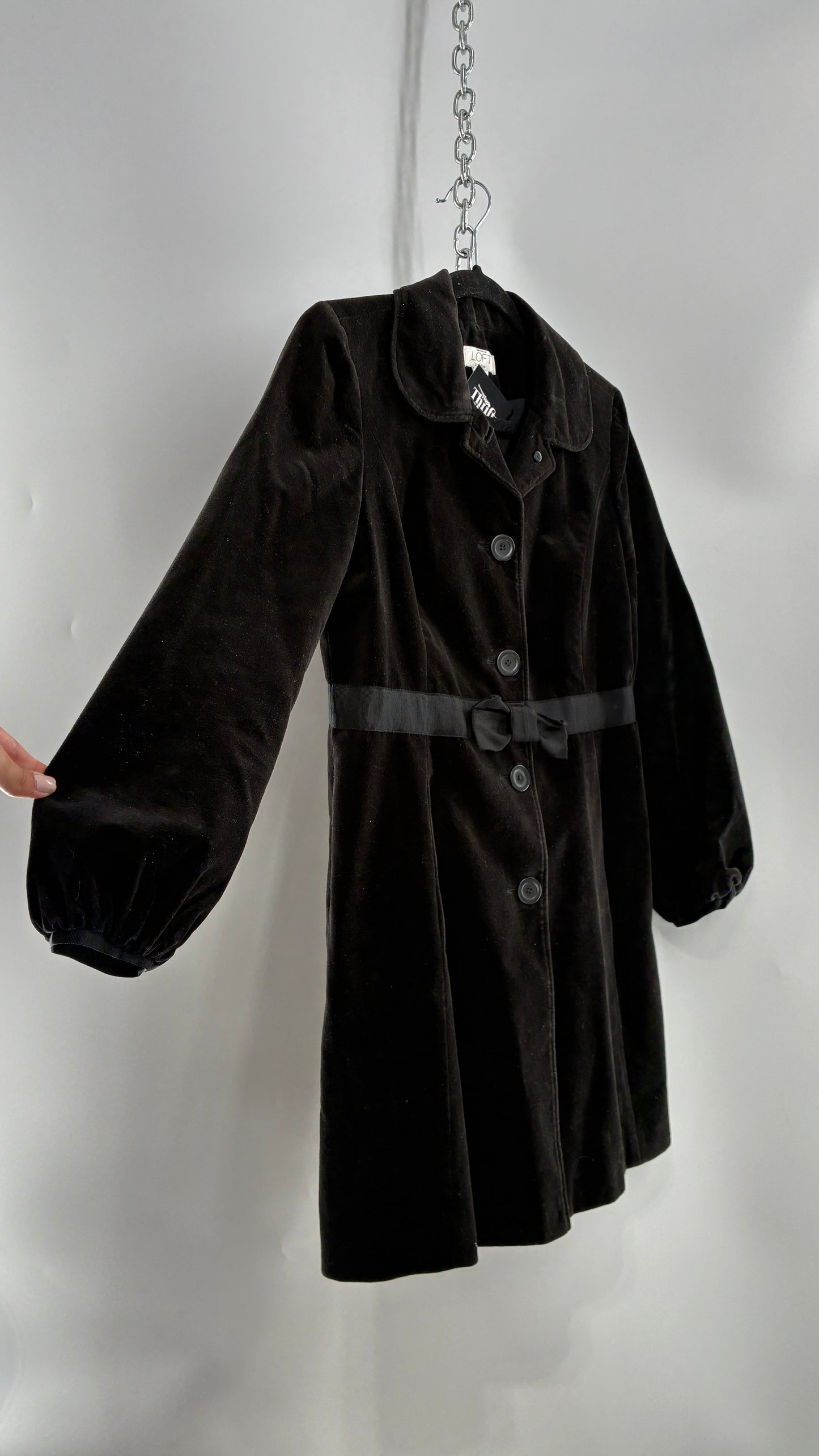 Vintage Ann Taylor Black Velour Bubble Sleeve Coat with Ribbon Bow Belt (4P)