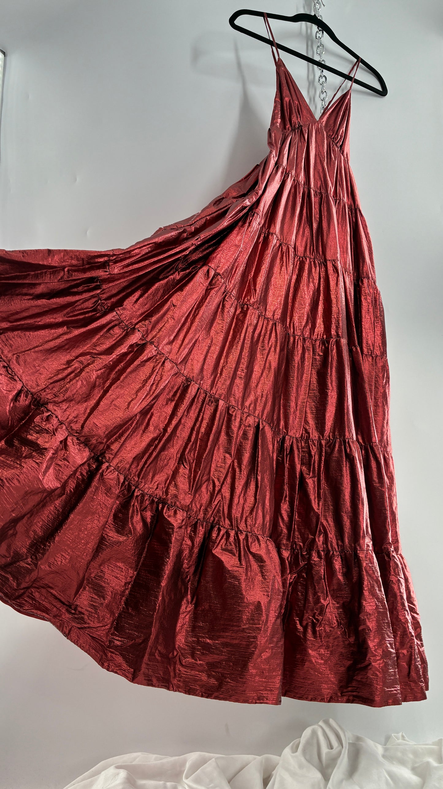 HUTCH Red Metallic Tiered Voluminous Maxi Gown (XS)