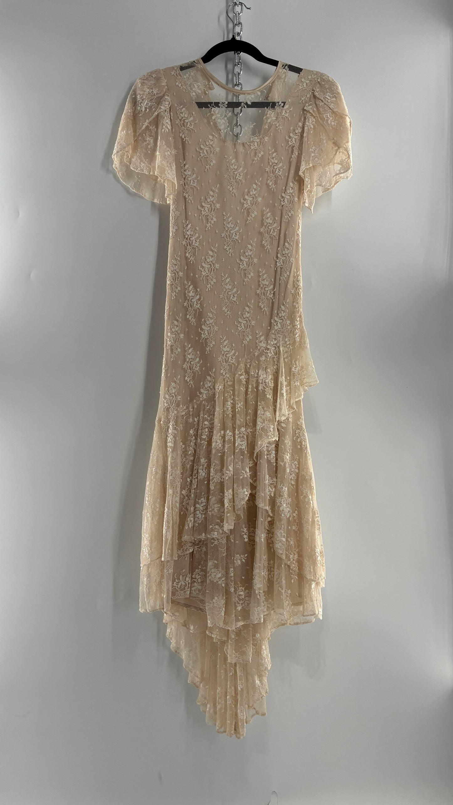 Vintage Ivory Lace Gown with Petal Sleeves, Tiered Hemline (5/6)