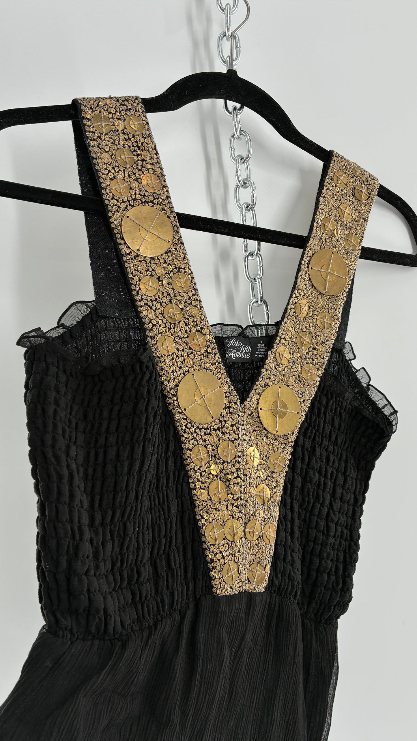 Vintage SAKS FIFTH AVENUE Black 100% Silk Camisole with Heavily Beaded Bronze Appliqué Strap (Small)