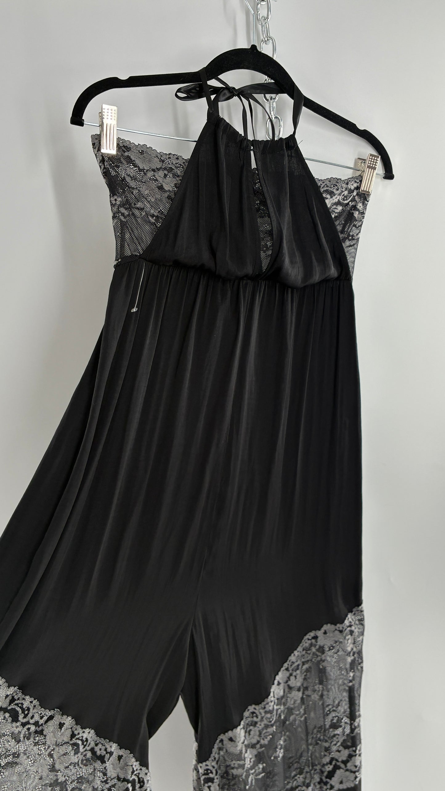 Free People Silky Black Jumpsuit with Grey Lace Paneling and Bandeau (S)