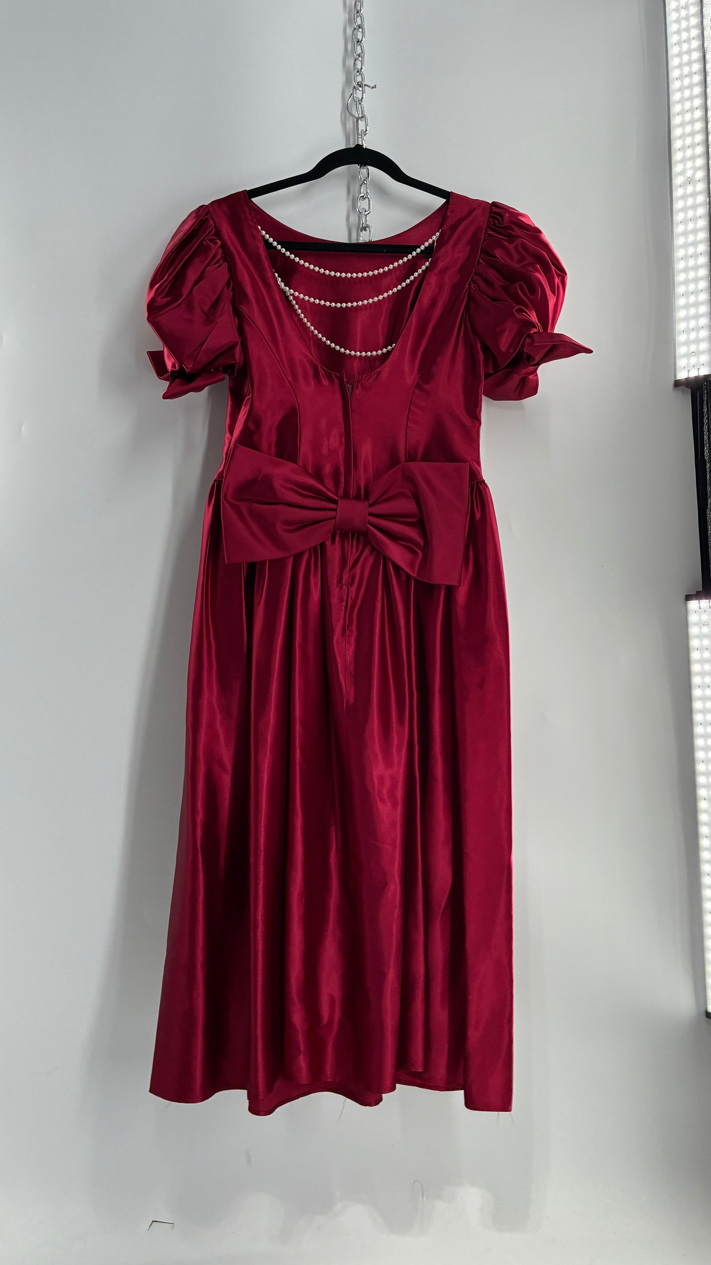 Vintage Red Silky Satin Corset Style Dress with Sweetheart Neckline, Puff Sleeves, Oversized Bow Bum, Open Back and Draping Pearls (10P)