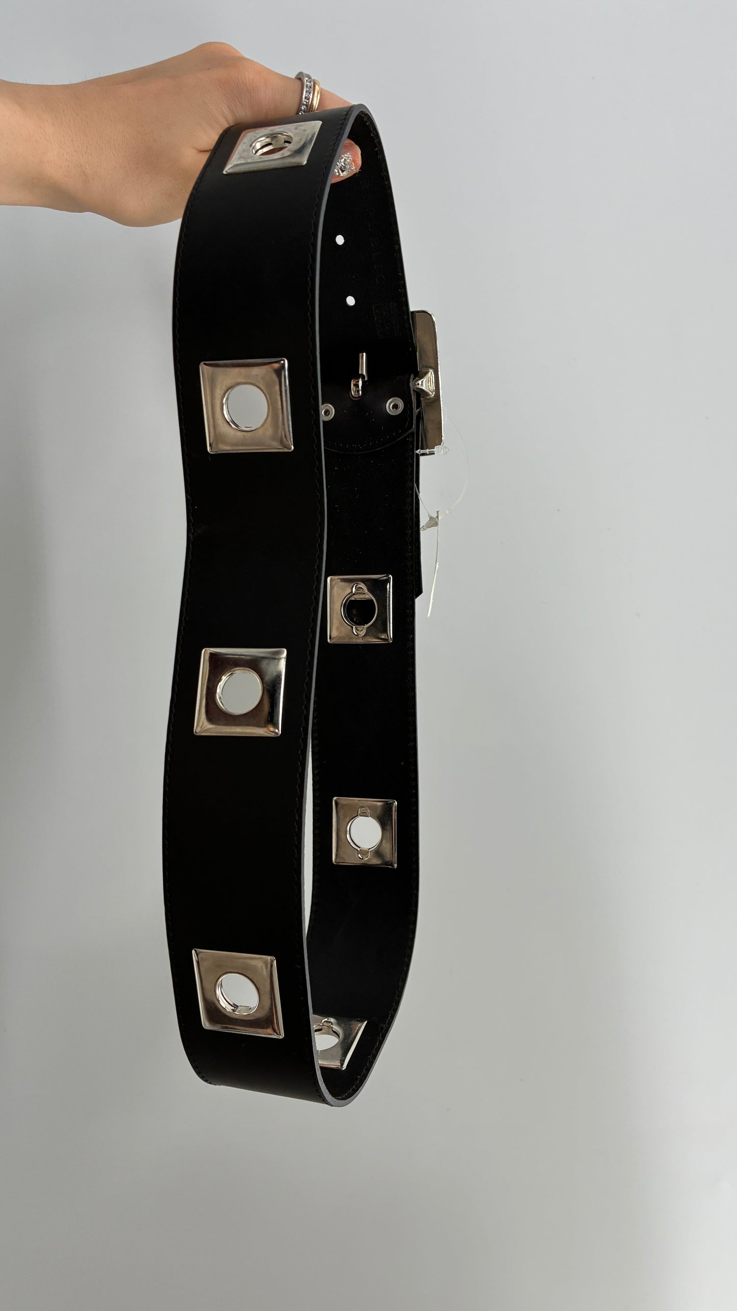 BANANA REPUBLIC Black Thick Leather Belt with Heavy Metal Details, Exaggerated Buckle, and Tags Attached (Small)