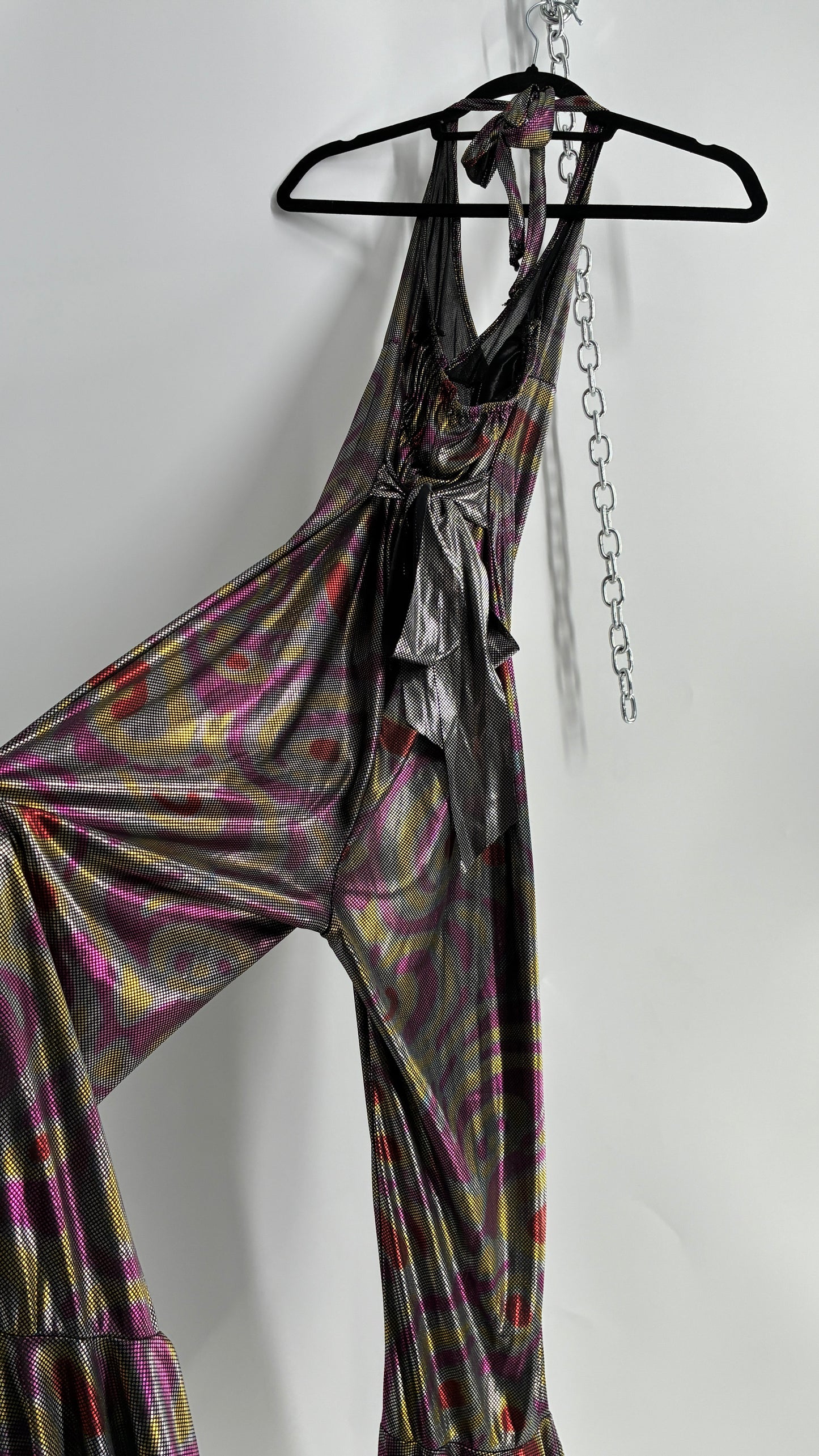 1970s Style Bell Bottom Psychedelic Metallic Jumpsuit with Waist Cinching Back Ties (S/M)