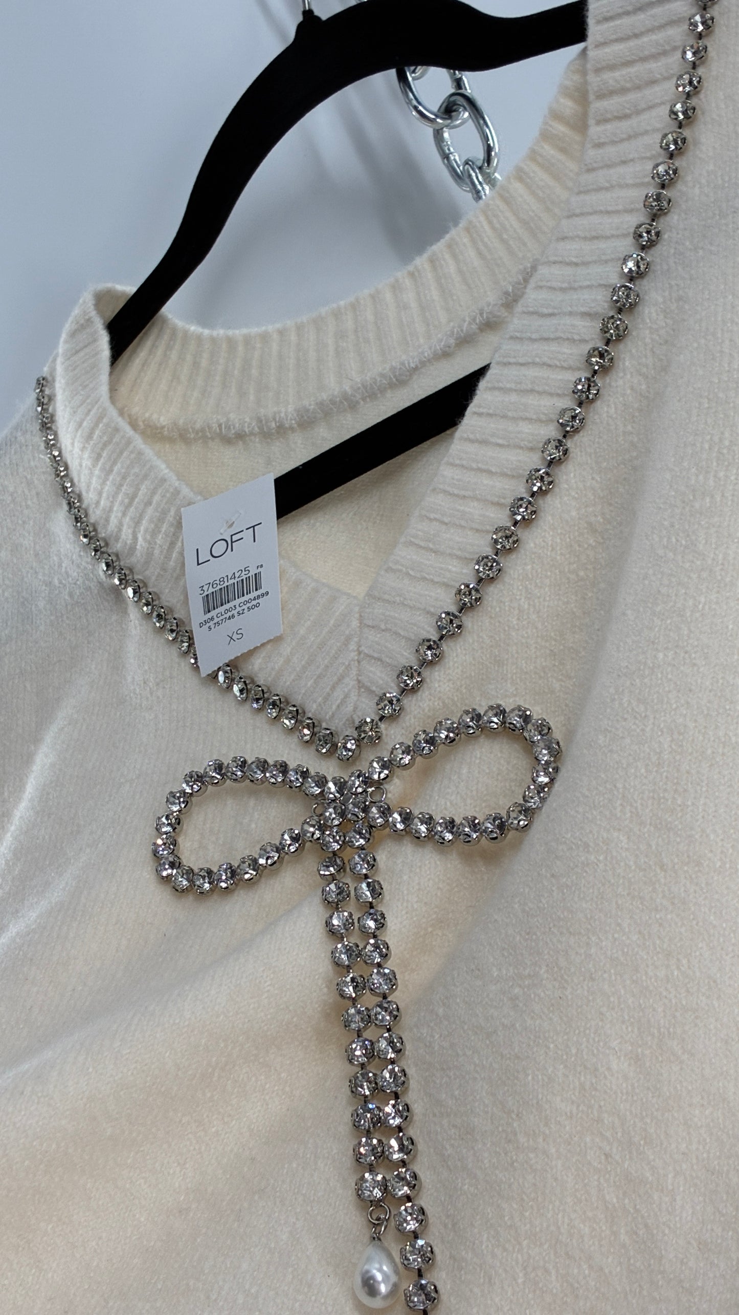 LOFT Cream Reversible Sweater with Rhinestone and Pearl Bow Detail + Tags Attached (XS)