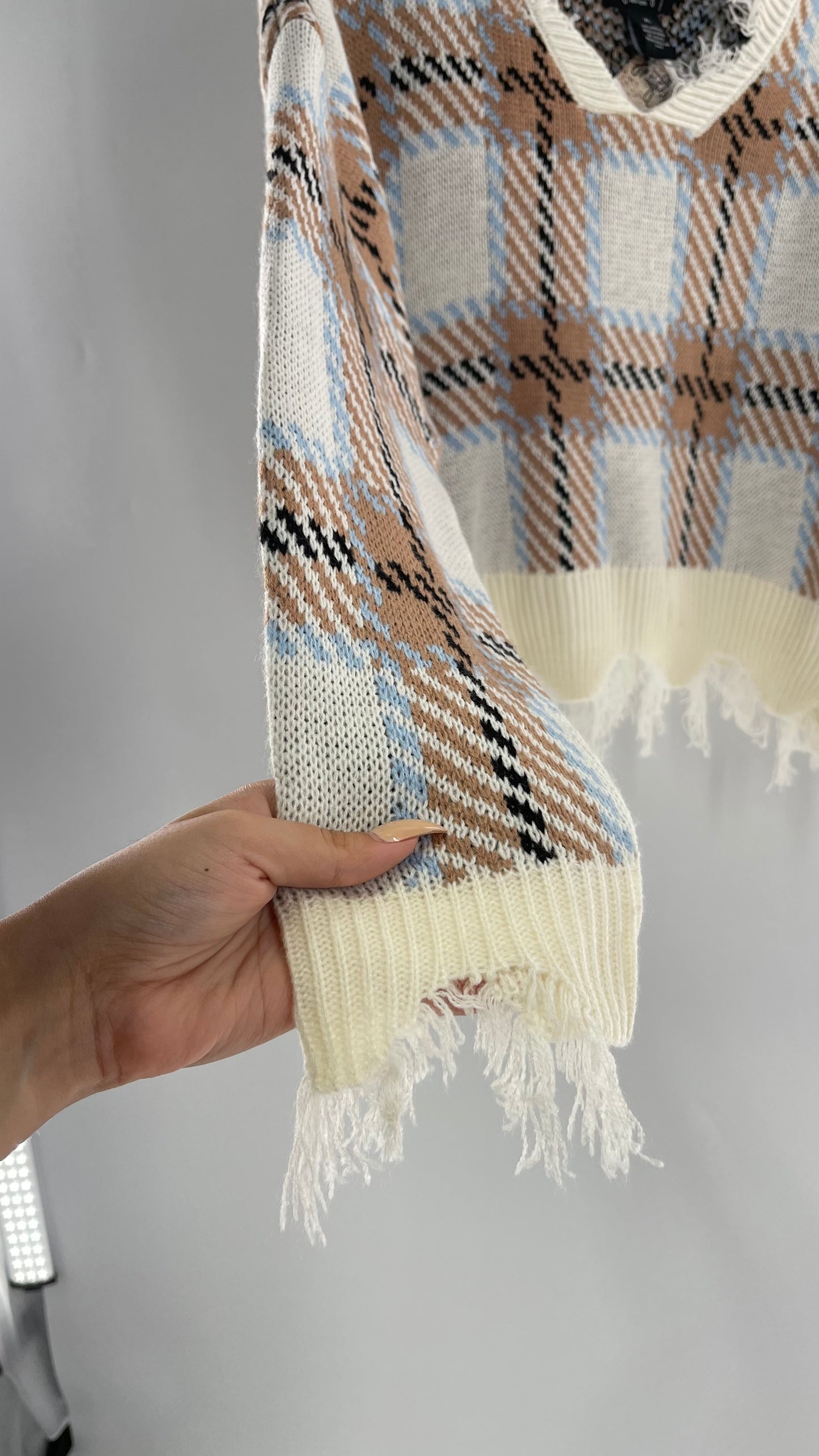 Fashion Nova Plaid Powder Blue/Tan Distressed Sweater