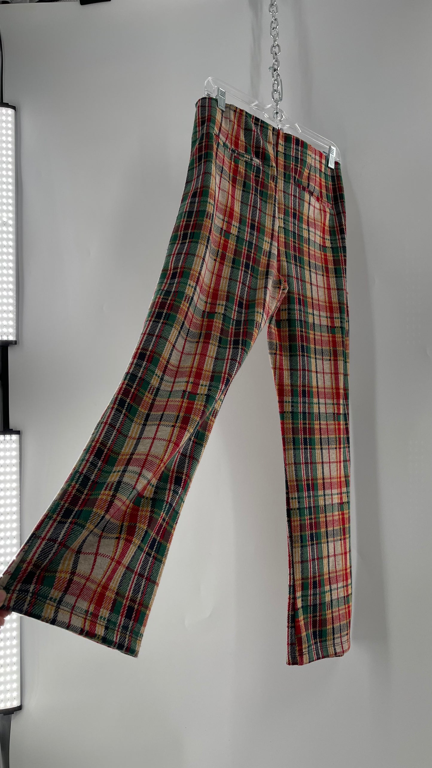Free People Red\Green Plaid Knit Straight Leg Pants with Elastic Waist ( L)
