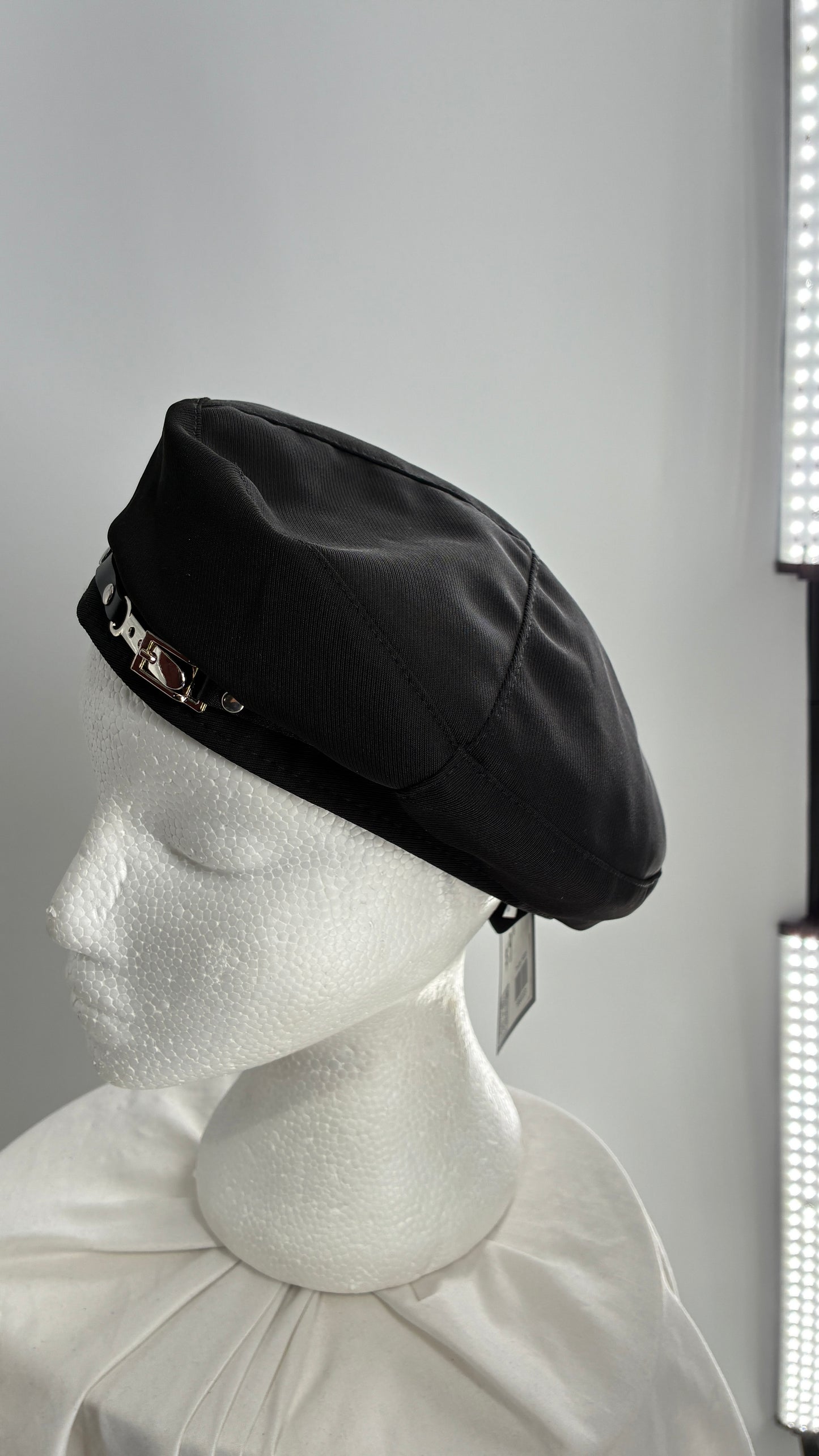 Black Beret with Vegan Leather Strap with Silver Metal Hardware