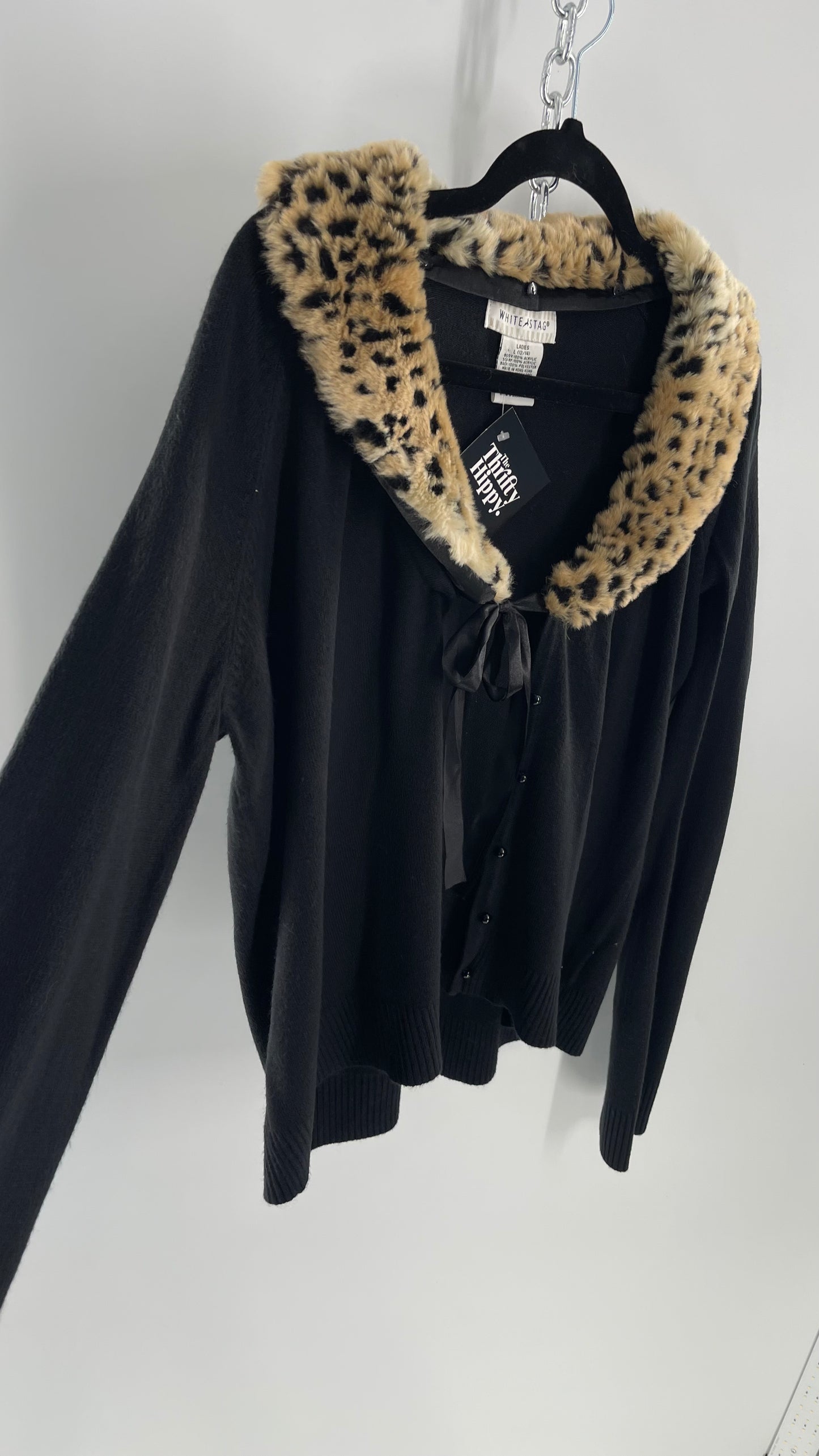 Vintage Cheetah Fur Trim Collar Cardigan (Large)