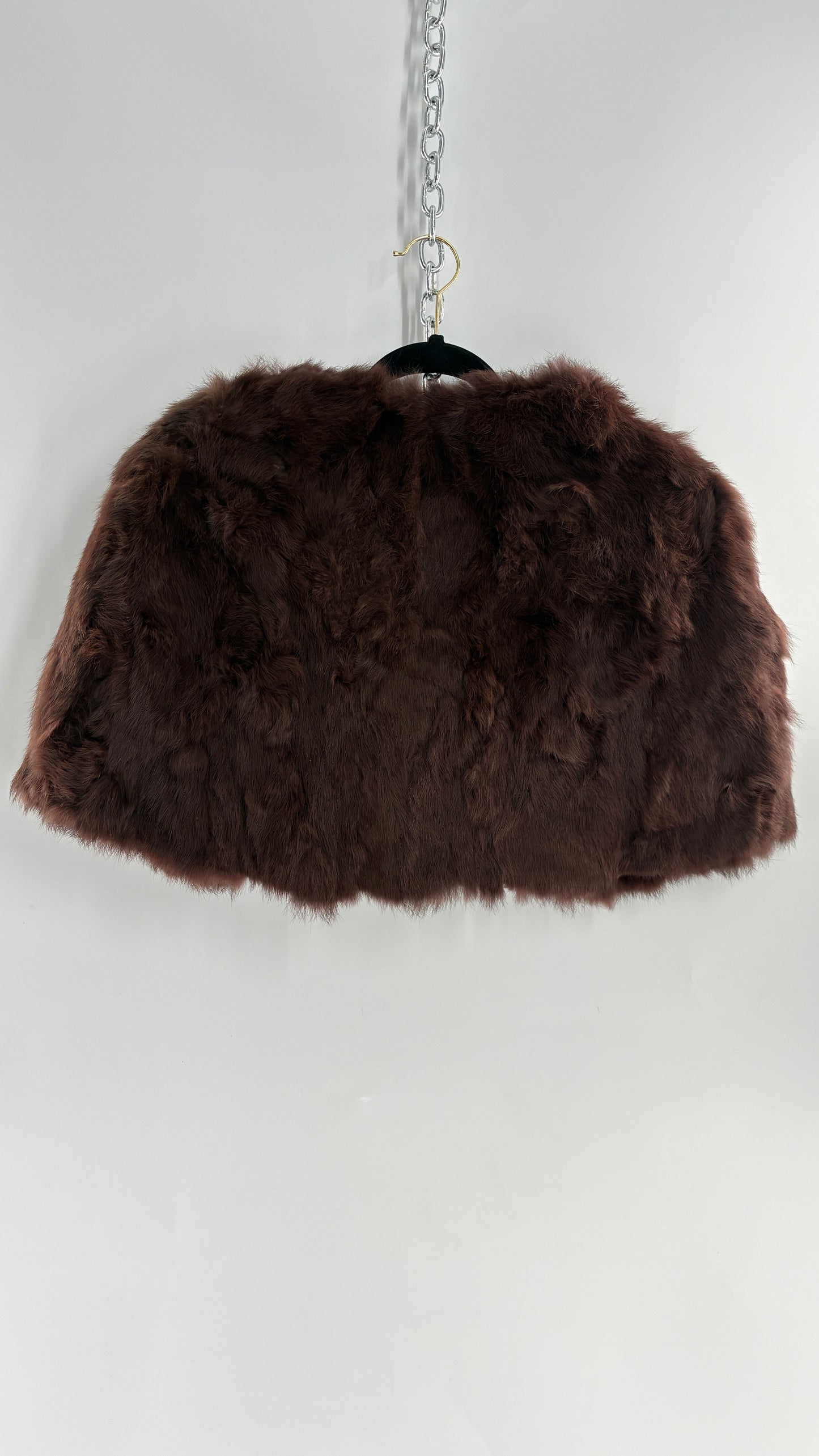 Vintage CAROLINE 100% Rabbit Fur Brown Shrug Cape with Oversized Round Buckle (One Size)
