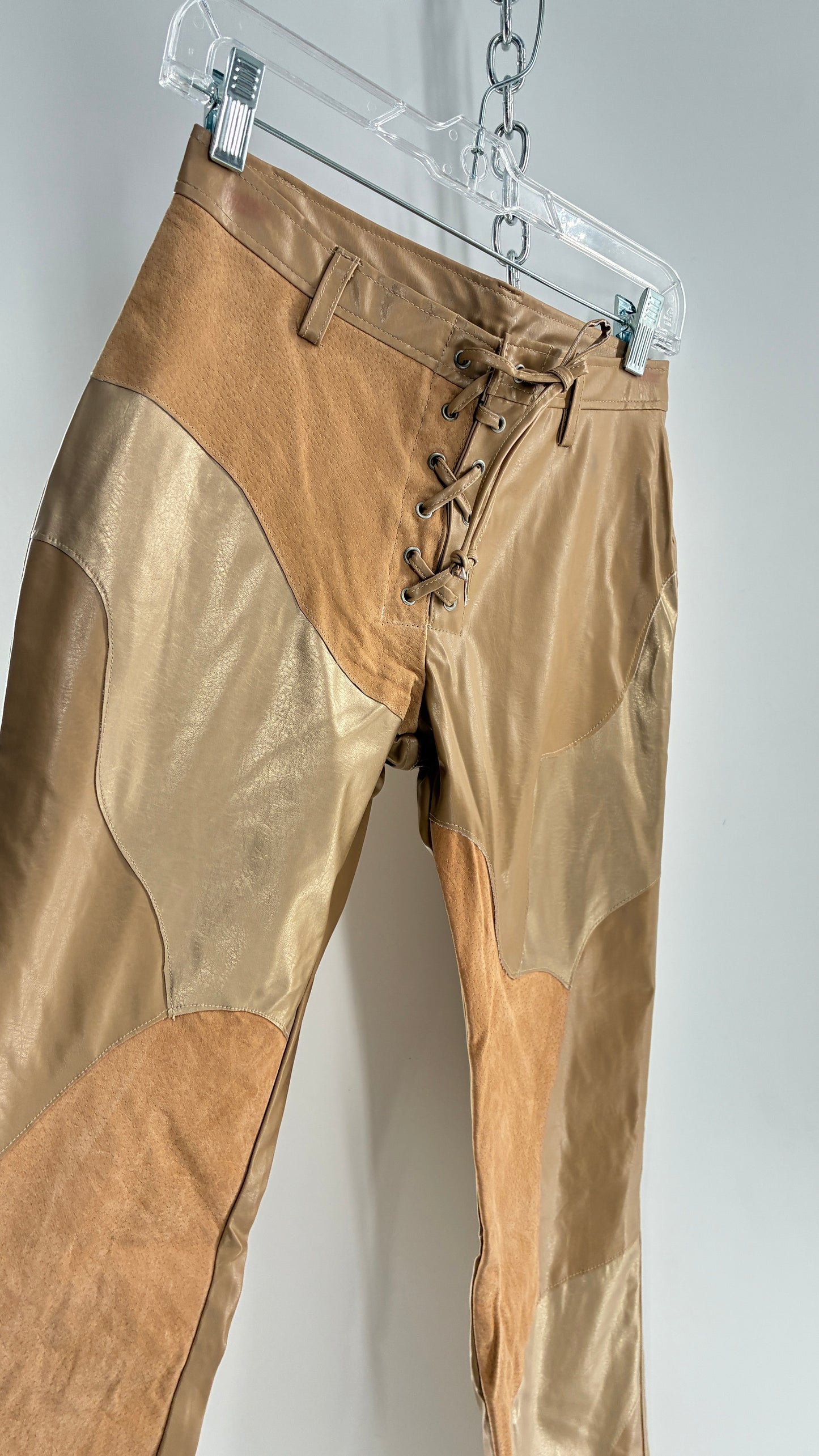 Vintage OUTER EDGE Patchwork Vegan Leather Kickflares with Tie Up Waistline (5)