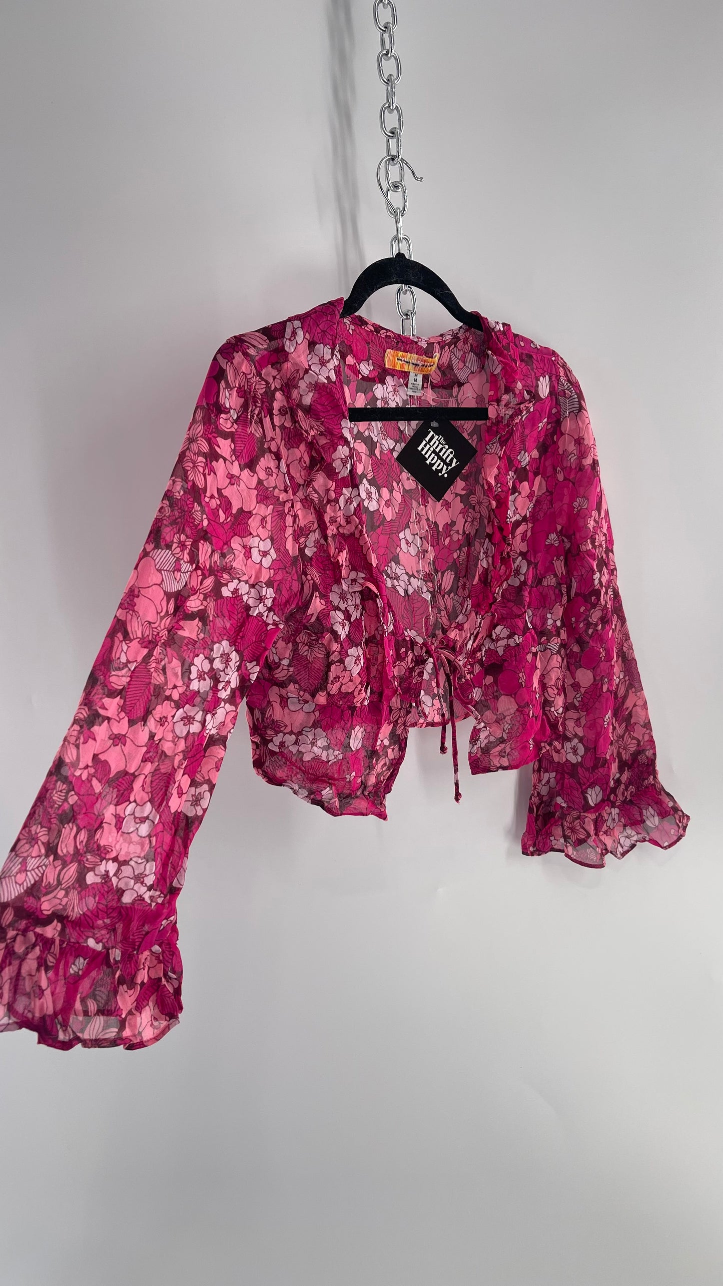 Urban Outfitters Fuchsia 100% Viscose Floral Tie Front, Ruffled Blouse
