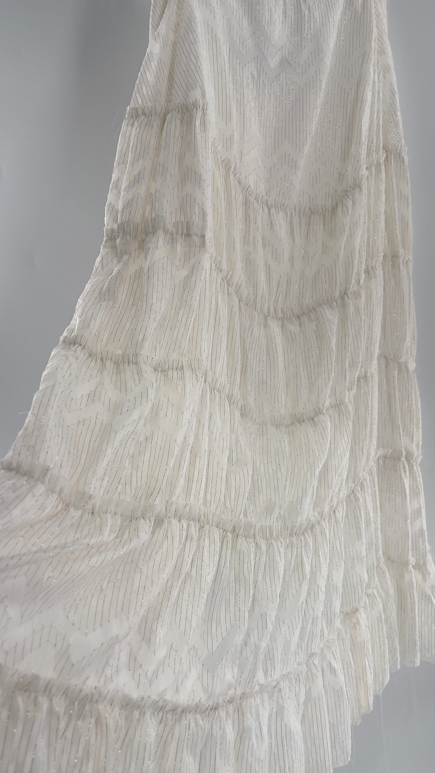 Free People Raw Edge Hem White Gold Tinsel Skirt with Ruffle Side Slit (Small)