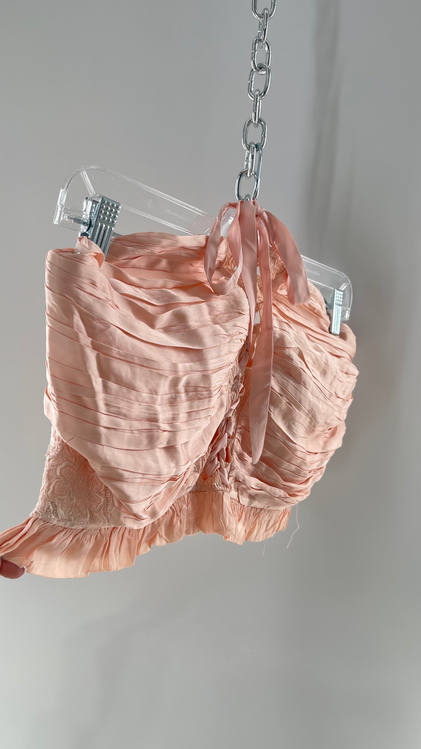 Free People Pink Viscose Pleated Tube Top with Ribbon Lace Up Bodice, Embroidered Flower Detail, and Ruffled Hem (Large)