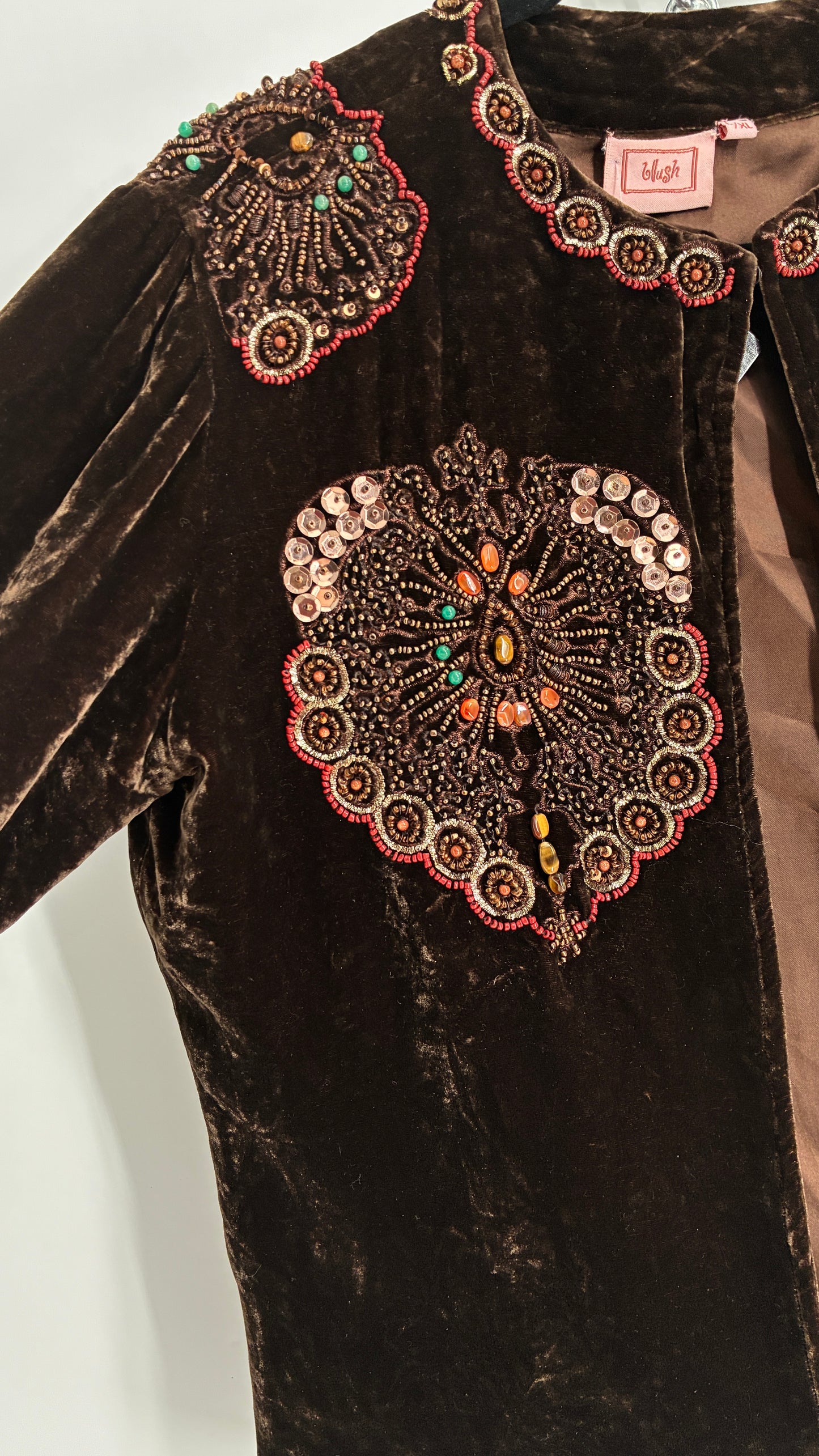 Blush Vintage BLUSH Brown Velvet Beaded and Embroidered Jacket (L/XL)