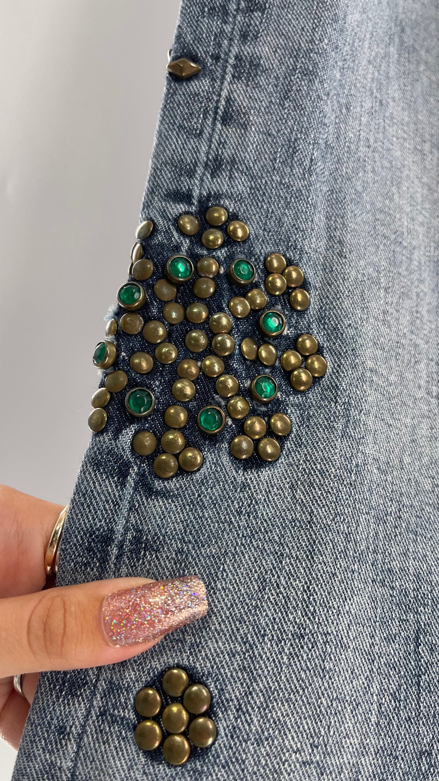 Western Denim Bank Light Wash Straight Legs with Gold/Bronze Metal Studs and Jewels (29)