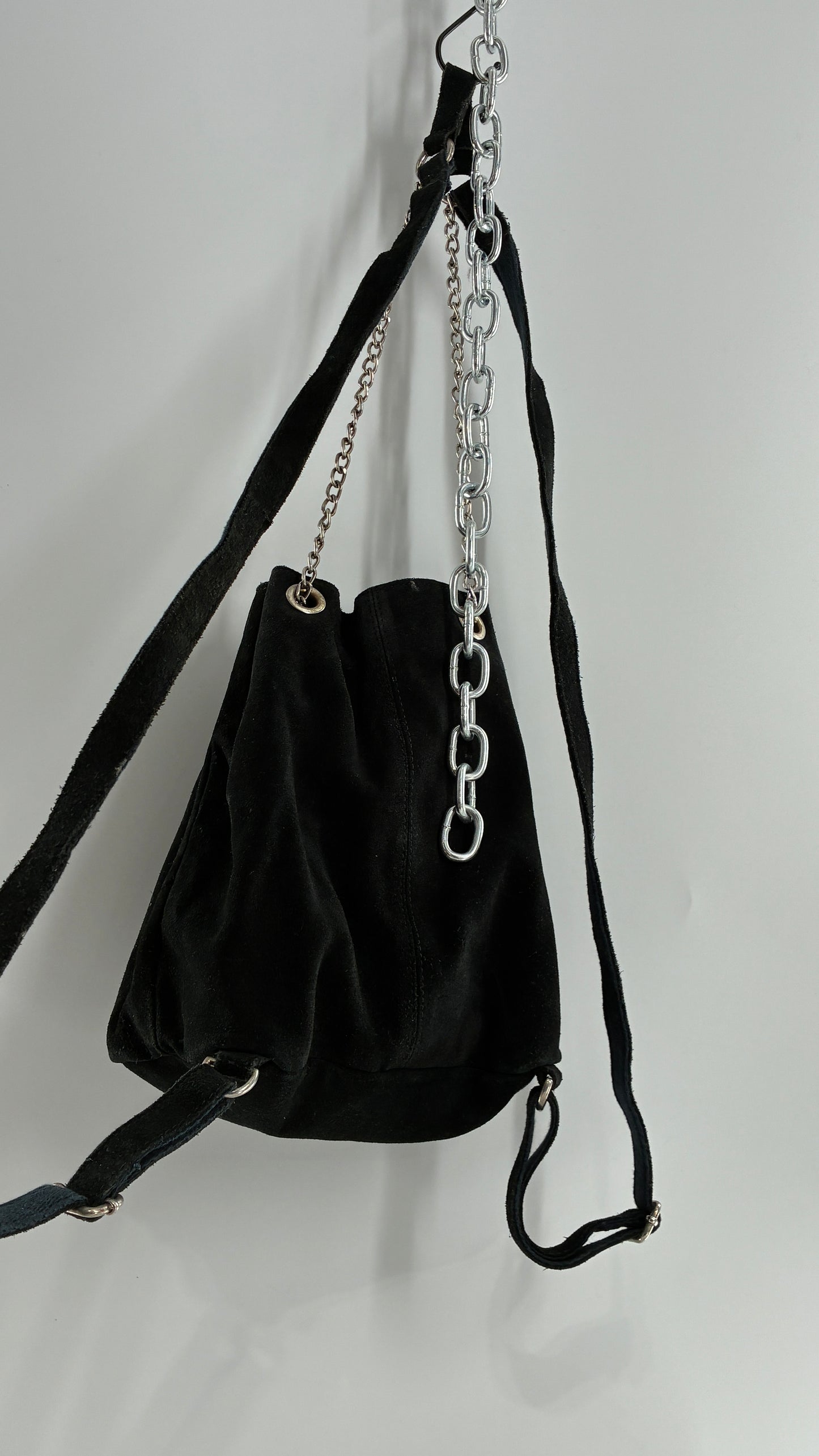 Black Genuine Suede Convertible Chain Link Backpack