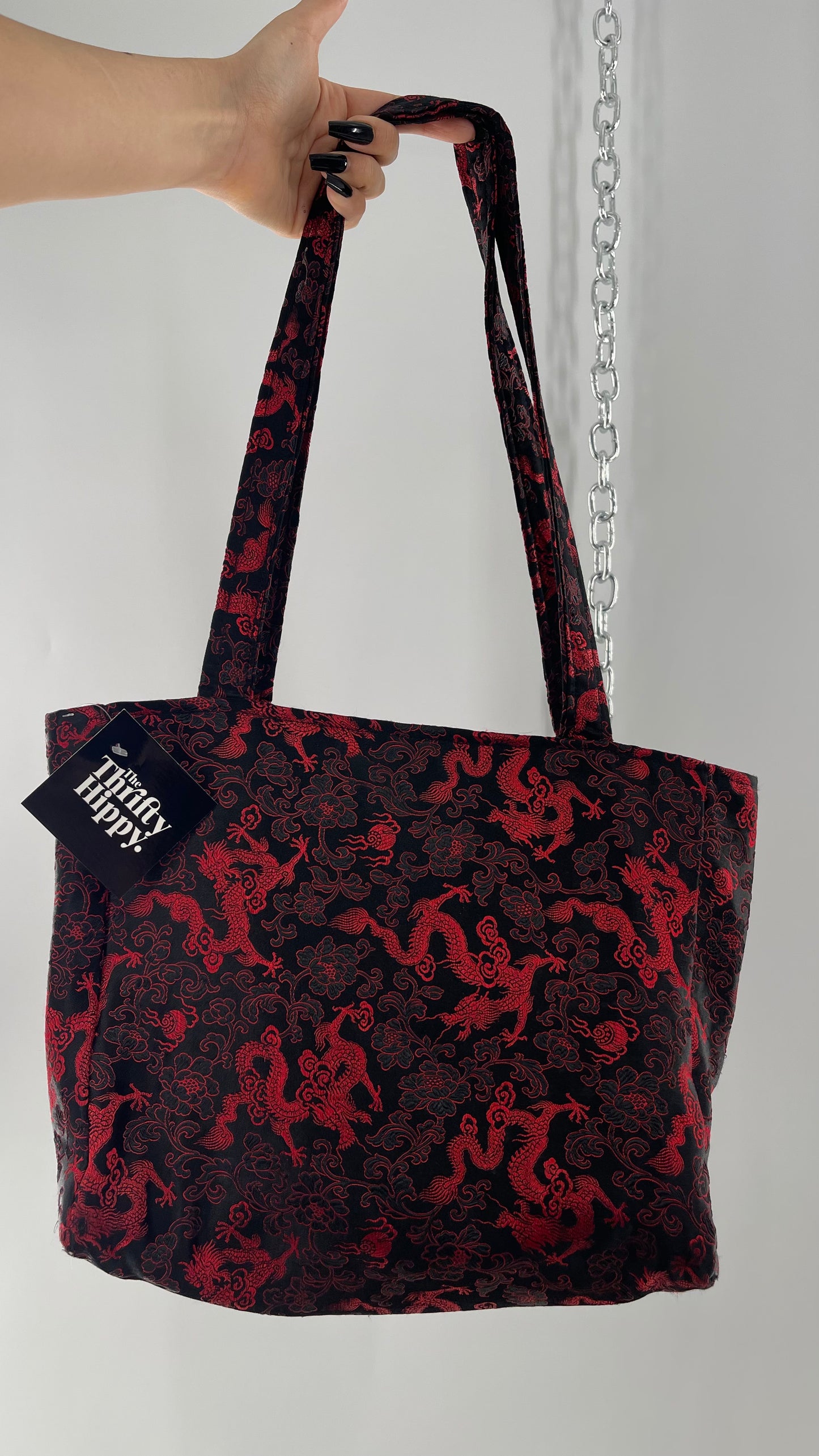 Vintage Black Satin/Silky Tote with Red Dragon/Floral Embroidery