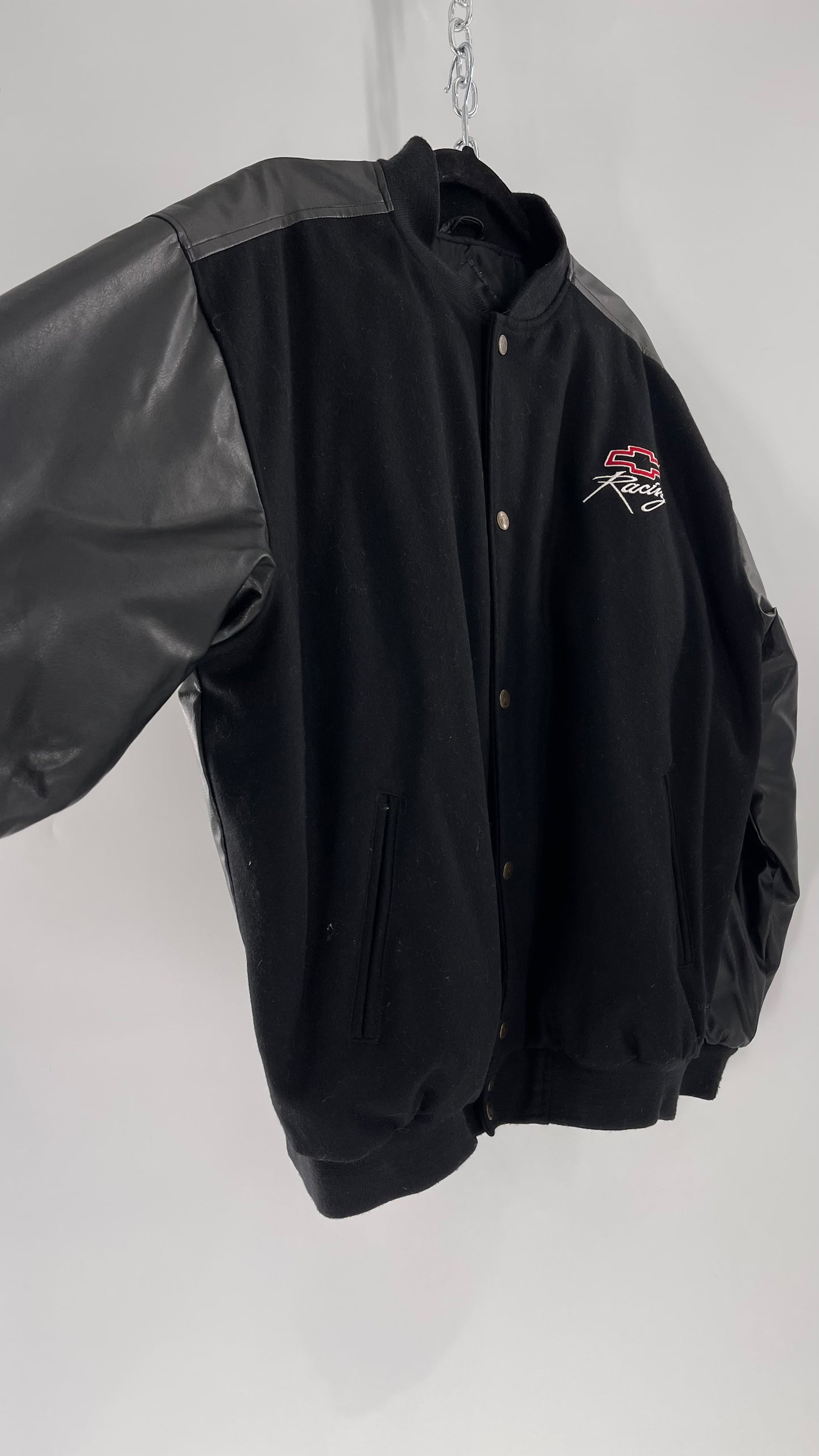 Vintage Chevy Racing Varsity Bomber Jacket with Red Logo Embroidery (Large)