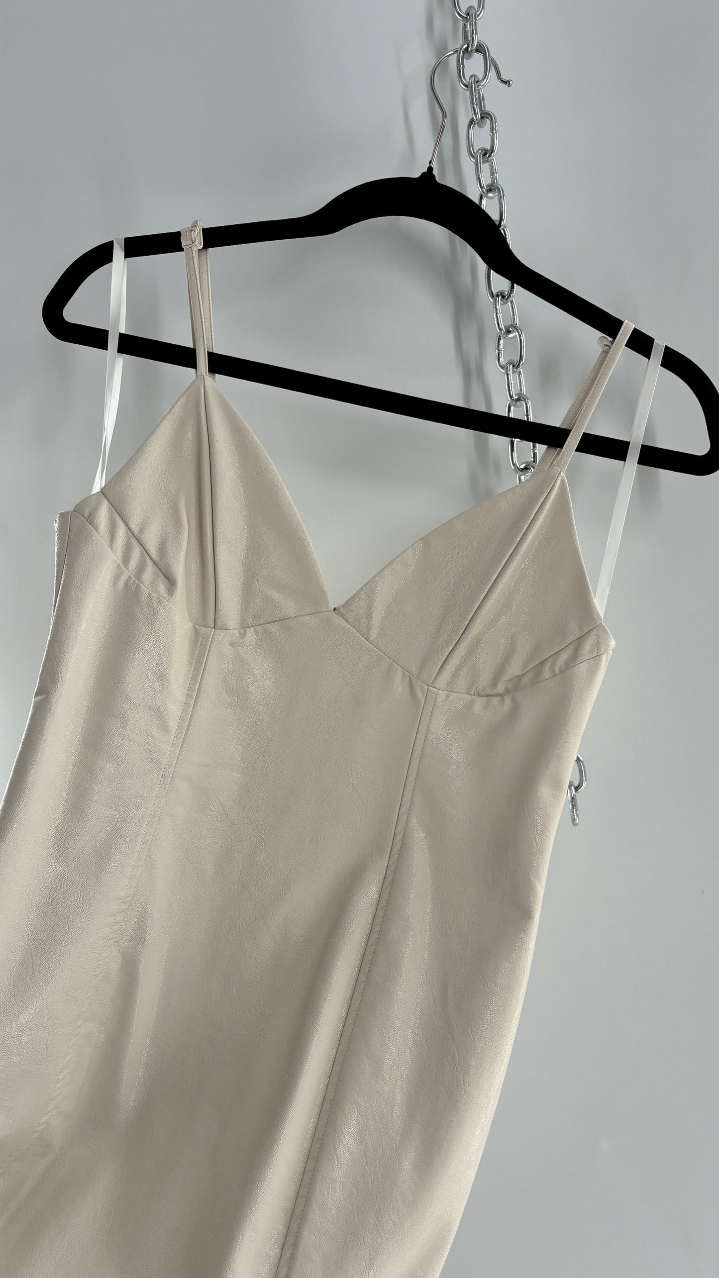 Super Down Vegan White Leather Camisole Mini Dress with Triangle Cups (XS)