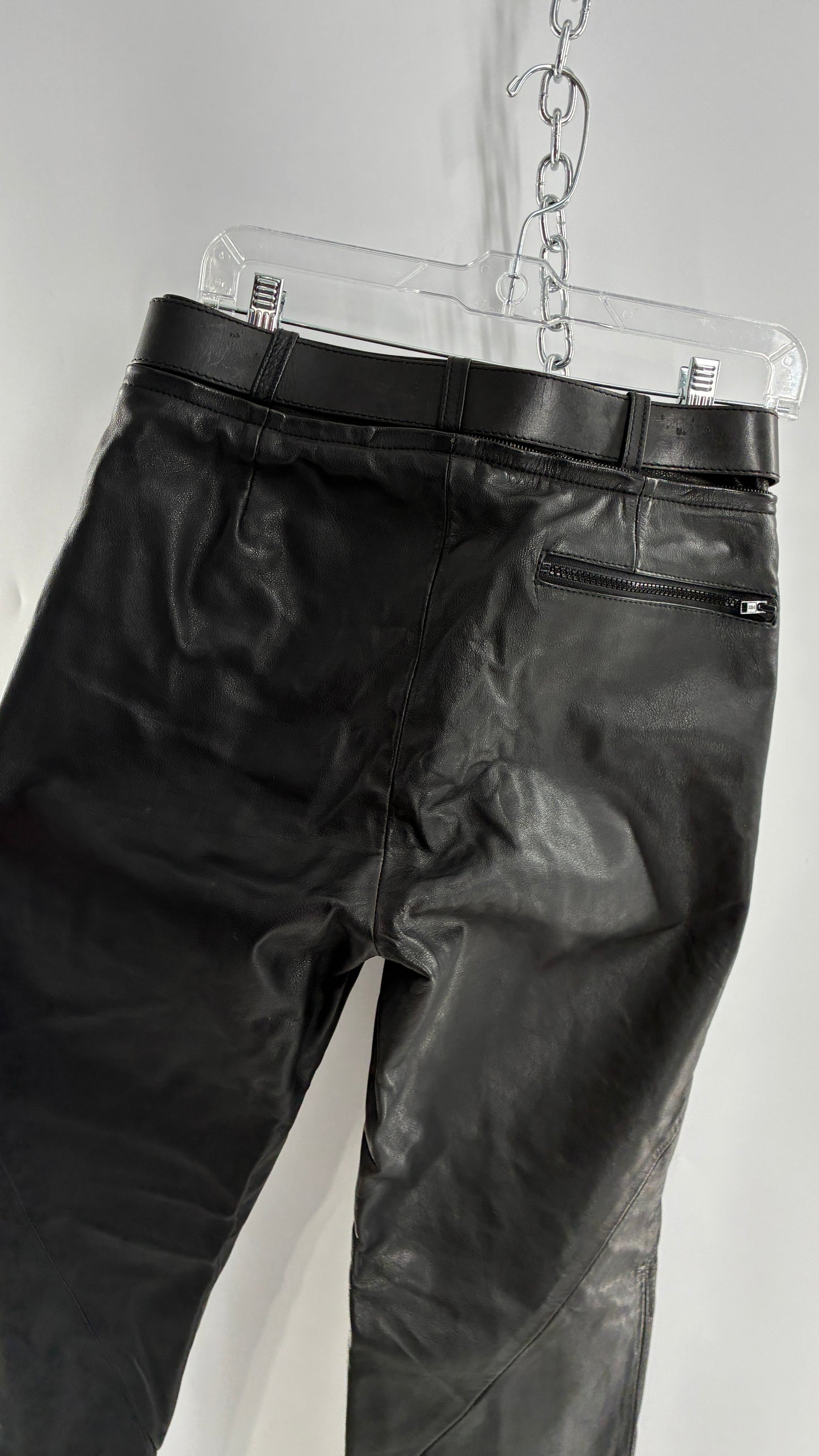 Vintage Black Italian Leather Motorcycyle Pants with Built In Belt and Zipper Detailing (XS)