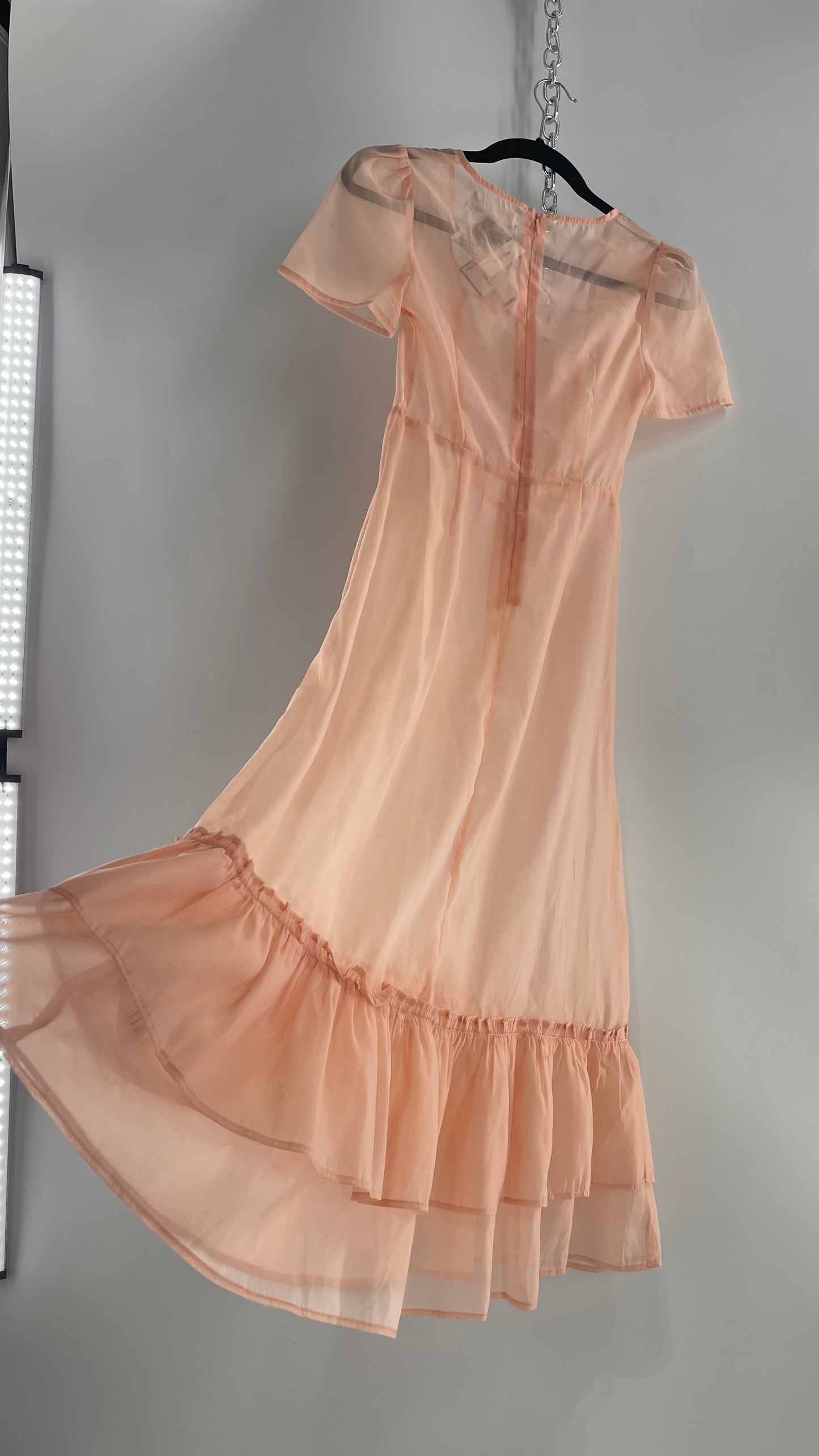 Urban Outfitters Pink/Peach Voile Vintage Inspired MIDI Dress with Ruffled Hem (XS)
