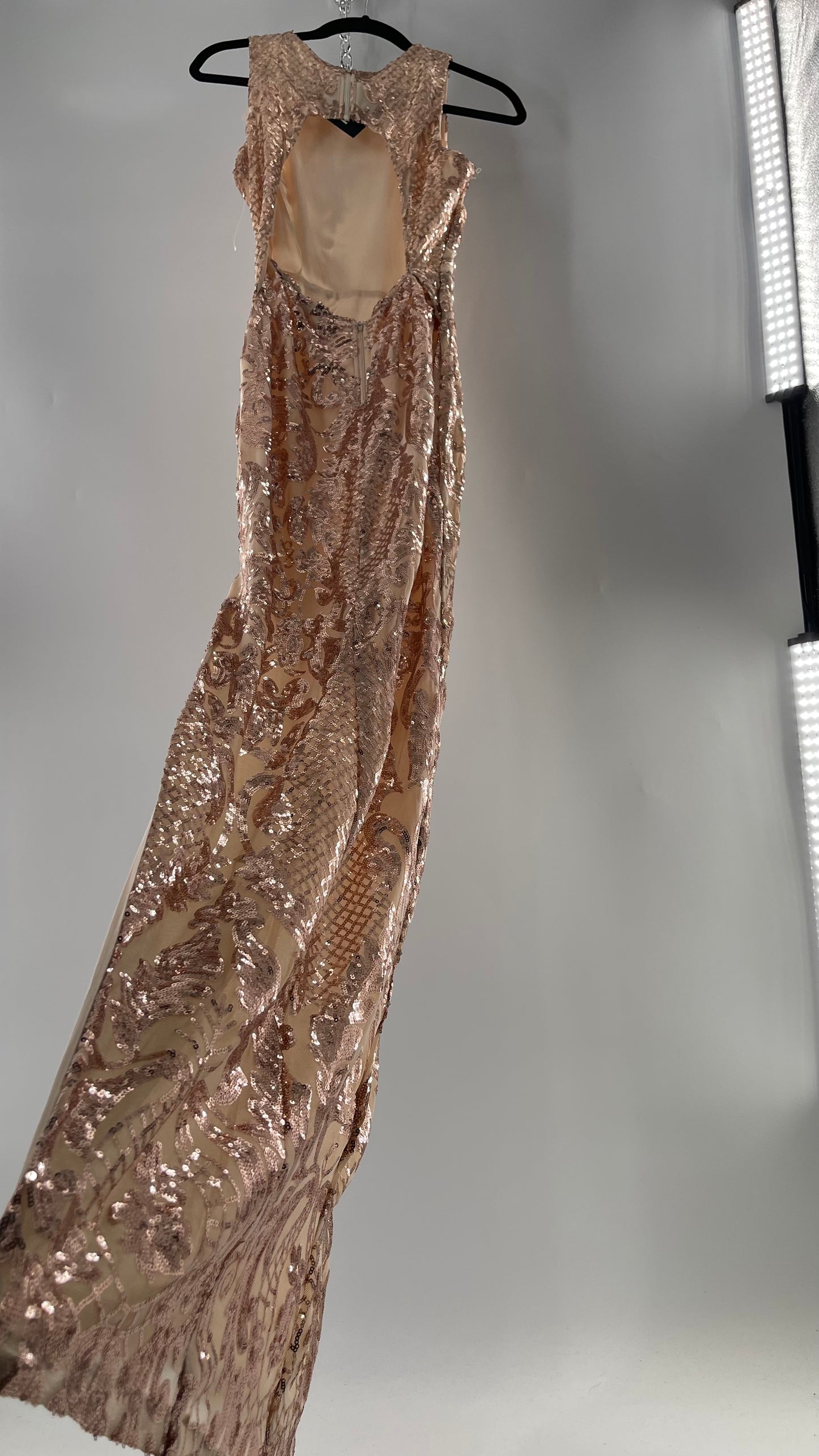 Windsor Rose Gold Sequin Maxi Dress with Side Slit Detail and Open Back (Small)