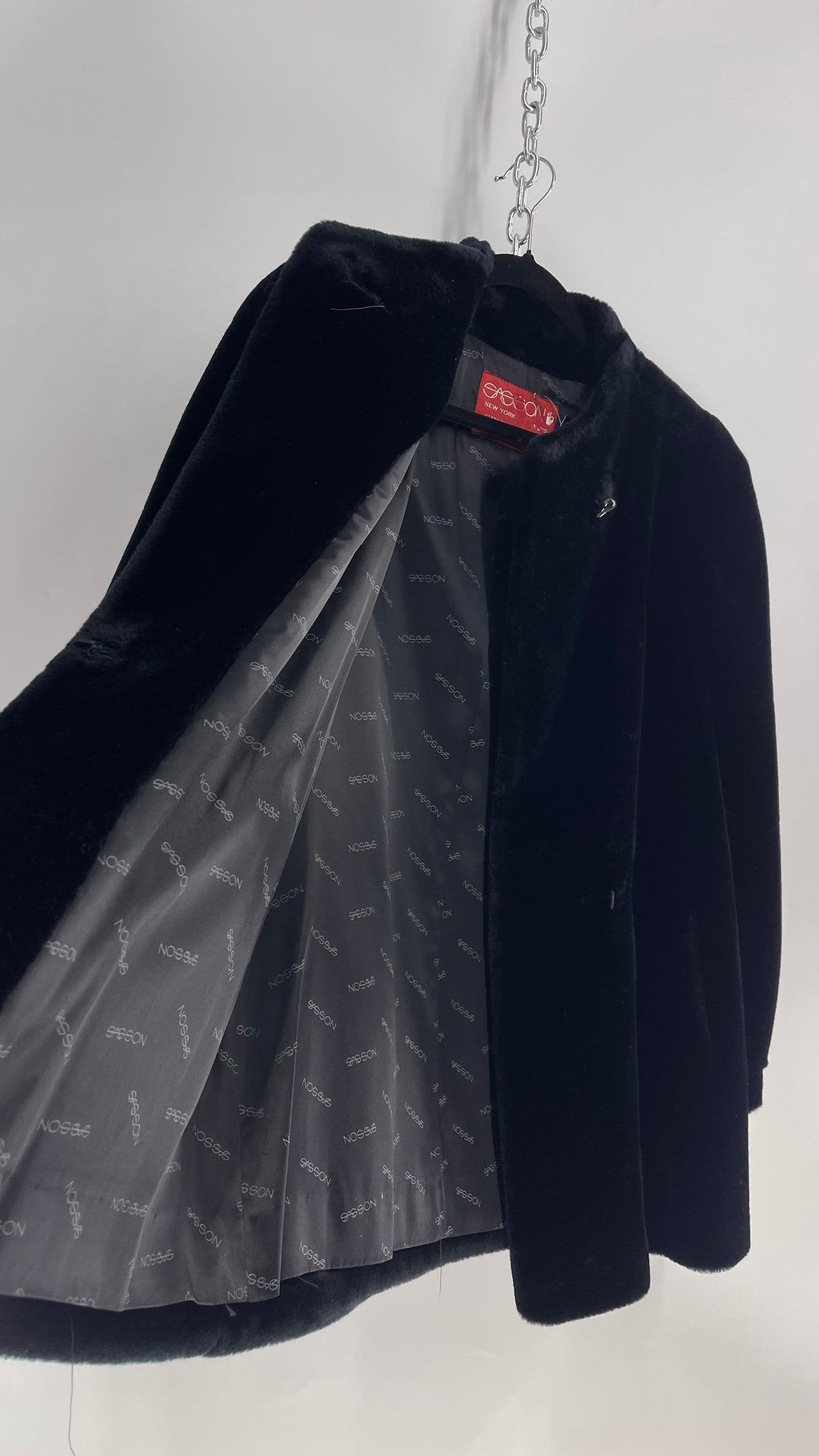 Vintage SASSON Black Faux Fur Coat with Embroidered Leather Patch Detail (Small)