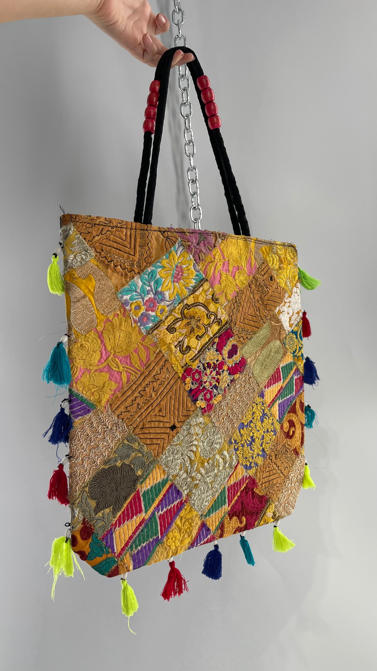 Imported Golden Yellow Patchwork Tote from Brazil with Tassel Detailing