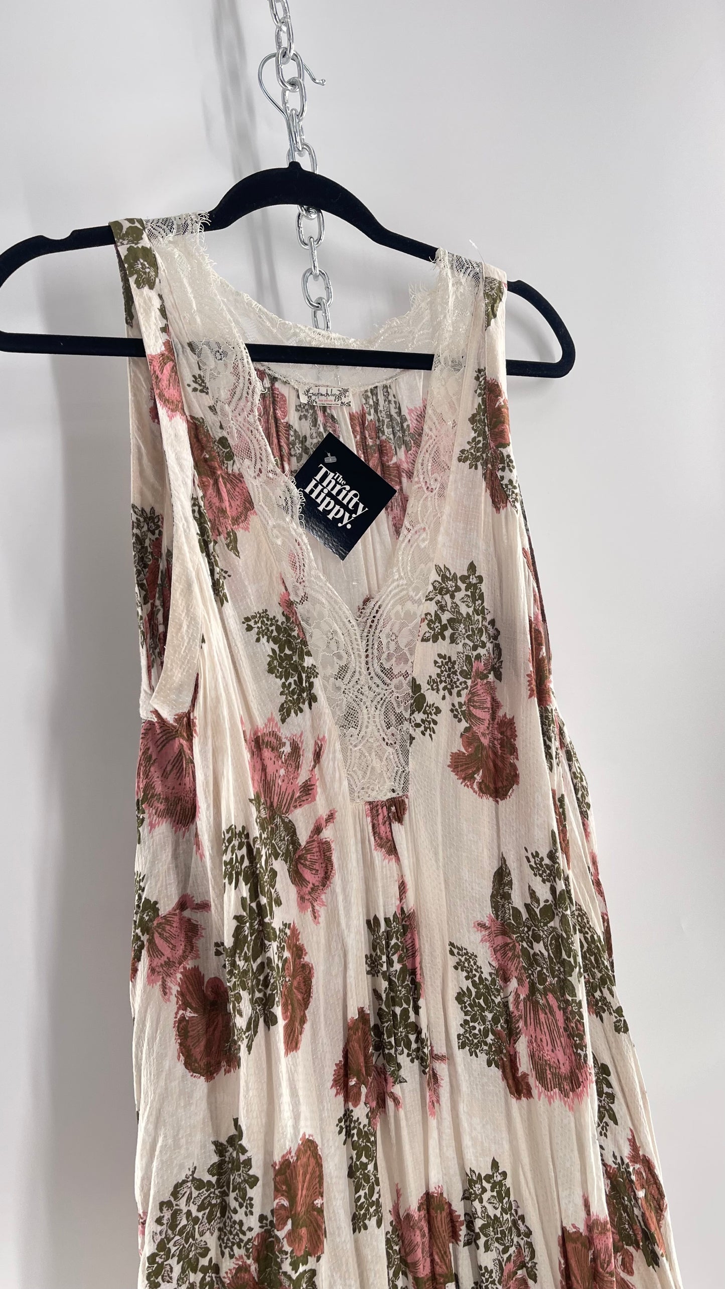 Intimately Free People Dusty Rose Floral Baby Doll Dress with Lace Sleeves (Large)