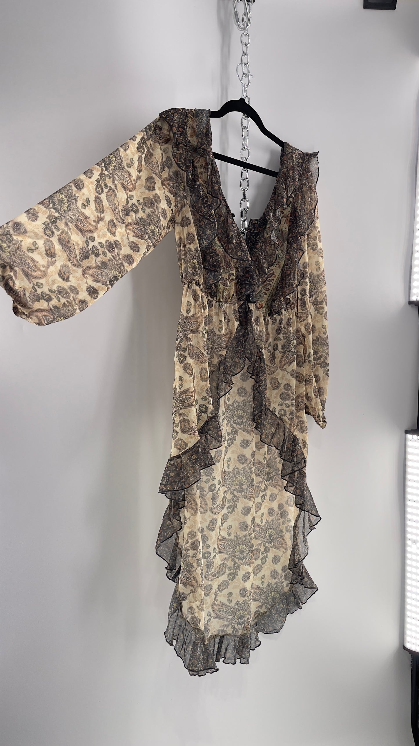 Free People Let Me Be Paisley Dual Toned High Low Sweeping Cape with Ruffled Bust and Hemline with Tags Attached (Small)