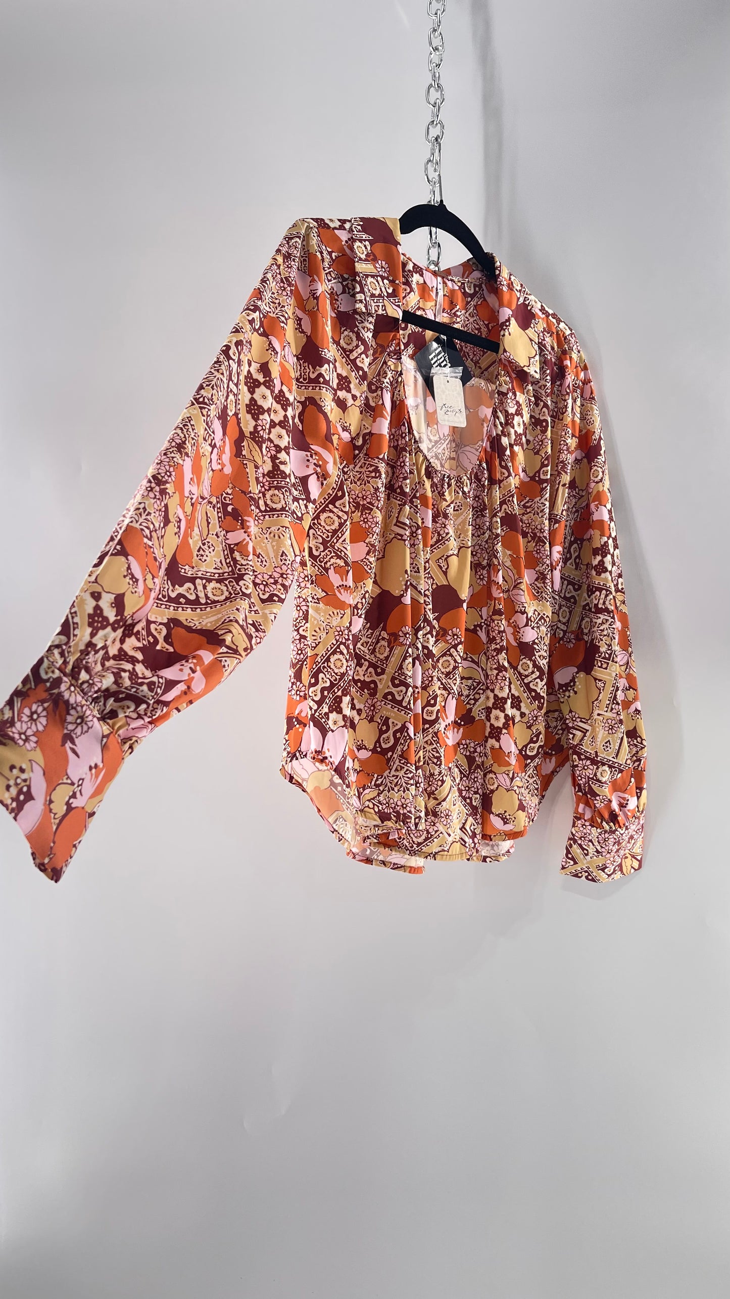 Free People All Over Mixed Warm Toned Satin Blouse with Pleated/Draping Neckline and Collar, Tags Attached (Small)