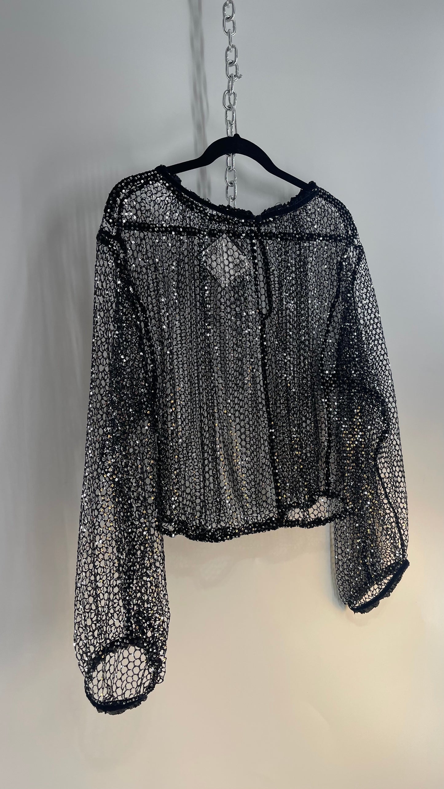 Free People Disco Black Mesh Blouse with Velvet Ribbon Trim (S/M)