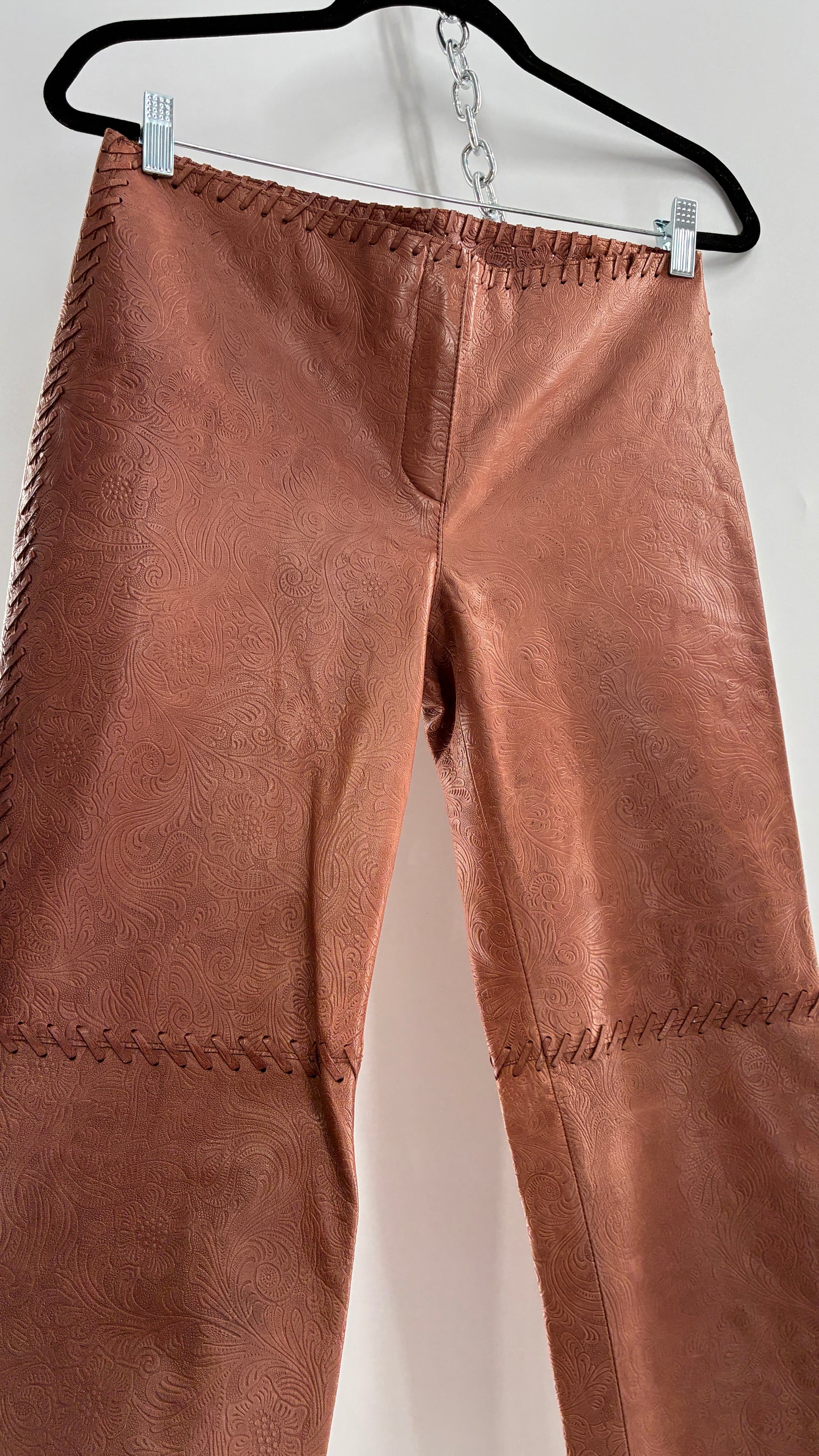 Vintage Embossed Paisley Patterned Genuine Leather Pants with Stitching Details (No Label Unbranded, S)